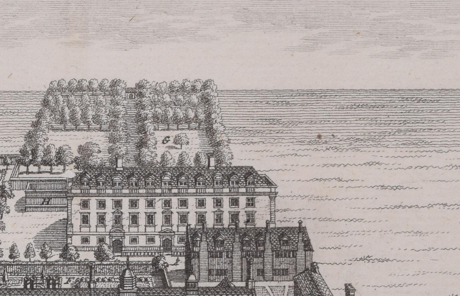 Christ's College, Cambridge engraving by Pieter van der Aa after David Loggan - Realist Print by Pieter Van Der Aa