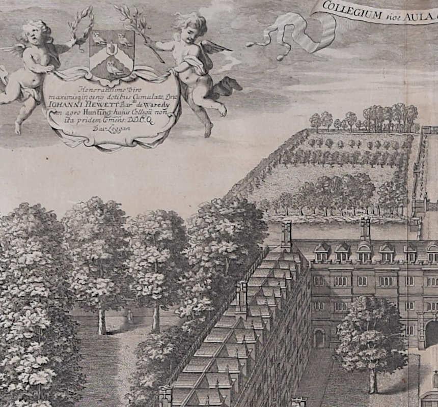 Clare College, Cambridge (aerial view) by David Loggan - Realist Print by Pieter Van Der Aa