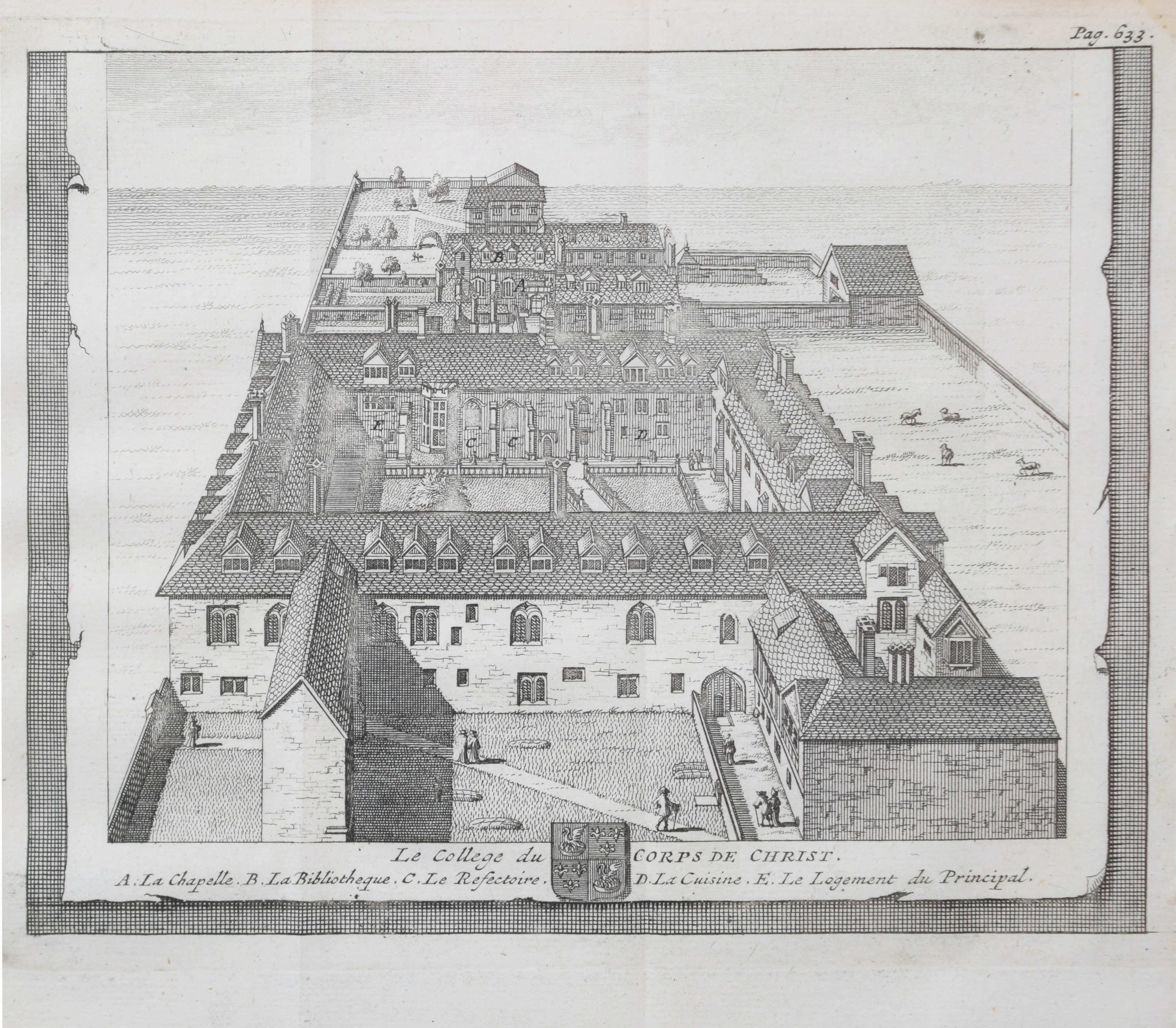 Corpus Christi College, Oxford, Kupferstich von Pieter van der Aa nach David Loggan – Print von Pieter Van Der Aa