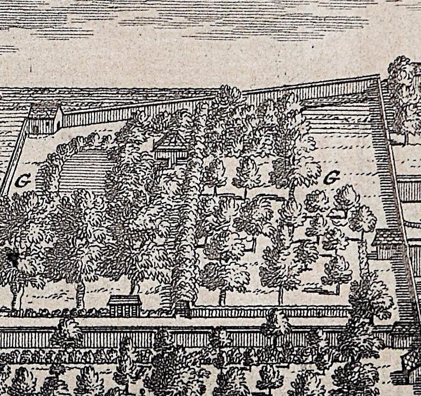 Emmanuel College, Cambridge engraving Pieter van der Aa after David Loggan ii - Realist Print by Pieter Van Der Aa