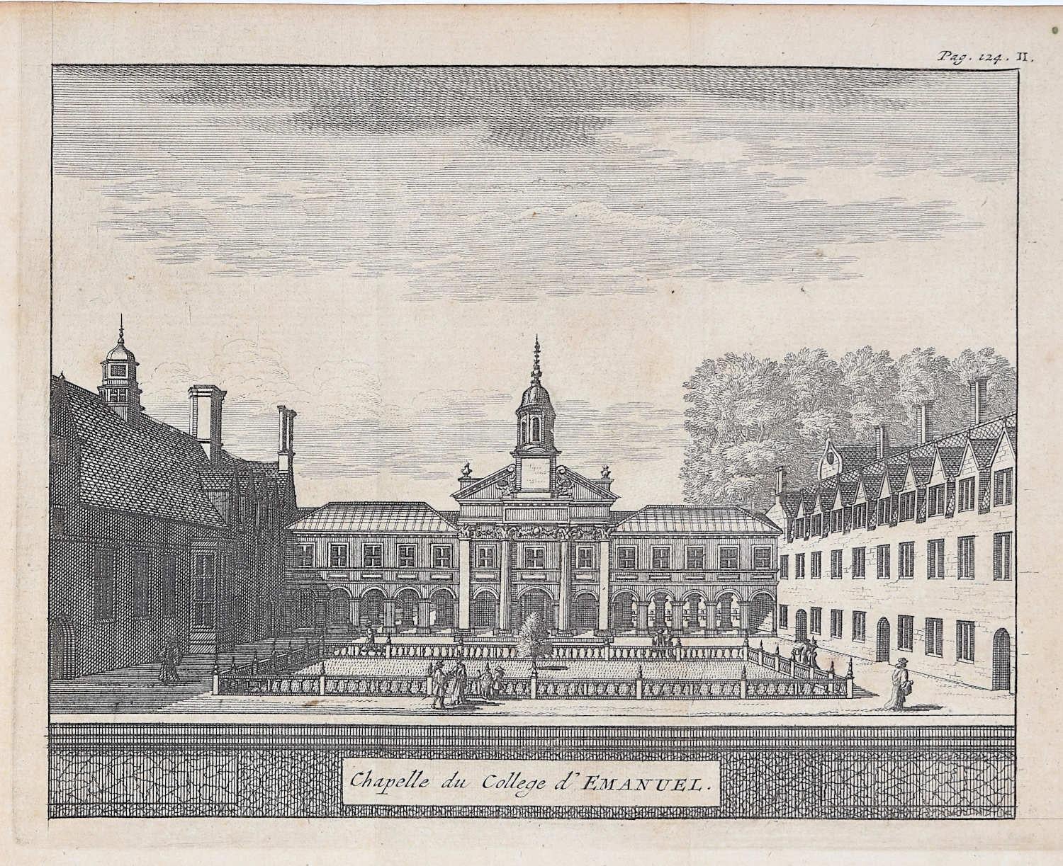 Gravur Pieter van der Aa nach David Loggan i, Emmanuel College, Cambridge, Kupferstich Pieter van der Aa – Print von Pieter Van Der Aa