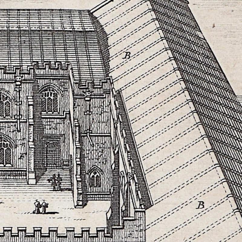 Pieter van der Aa (1659 - 1733), after David Loggan (1634 - 1692)
The Auditoriums & Public Library, Cambridge
Engraving
12 x 16 cm

An eighteenth-century view of the auditoriums and library of the University of Cambridge, engraved by Pieter van der
