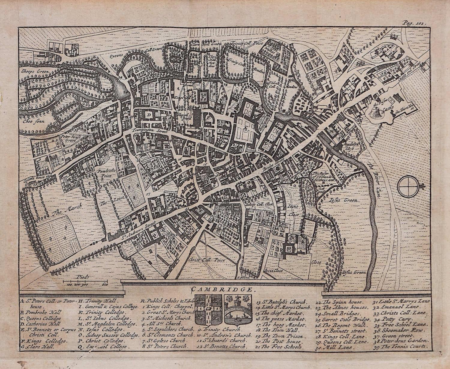 Map of Cambridge, engraving Pieter van der Aa after David Loggan - Print by Pieter Van Der Aa