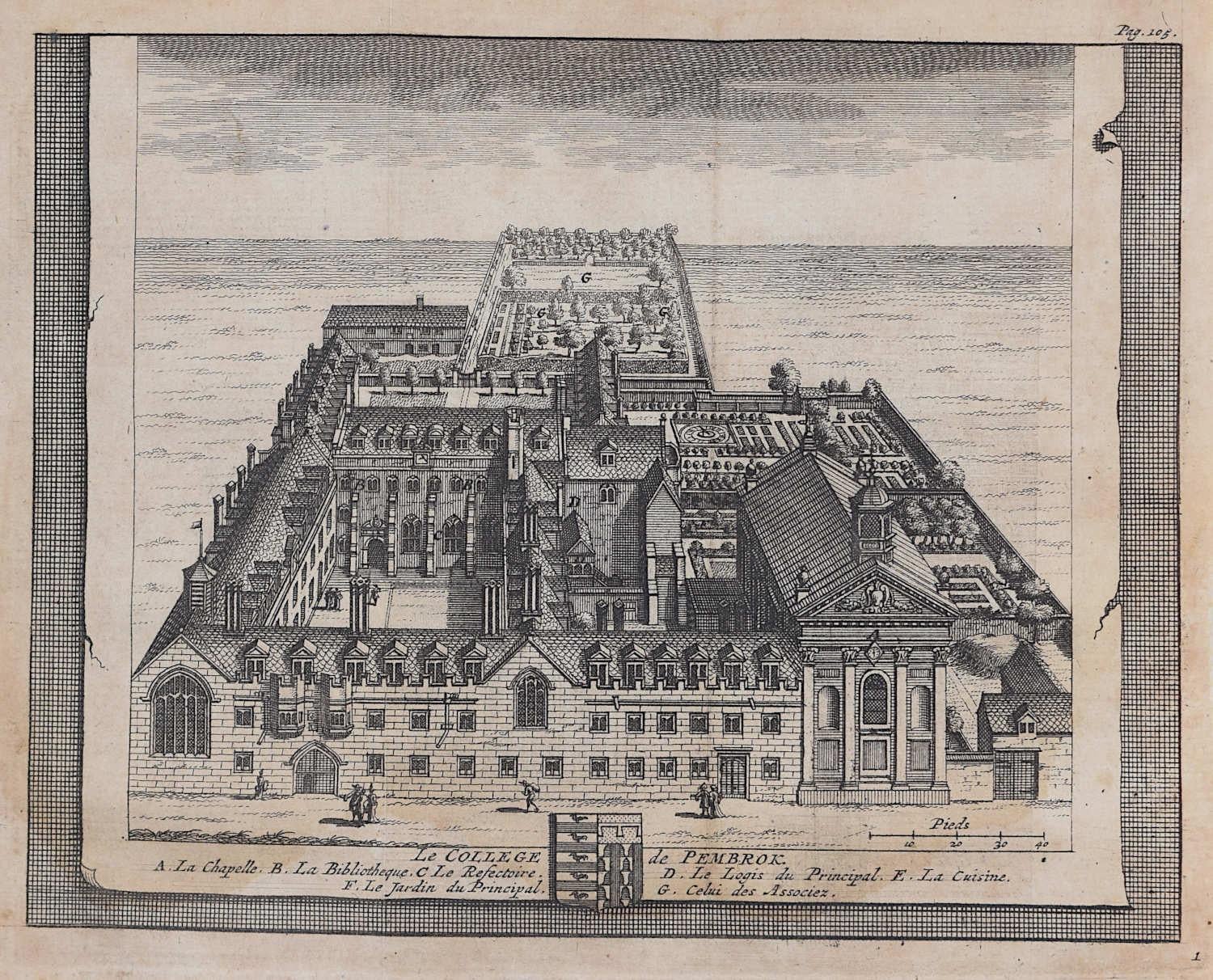 Gravure Pieter van der Aa d'après David Loggan, Pembroke College, Cambridge