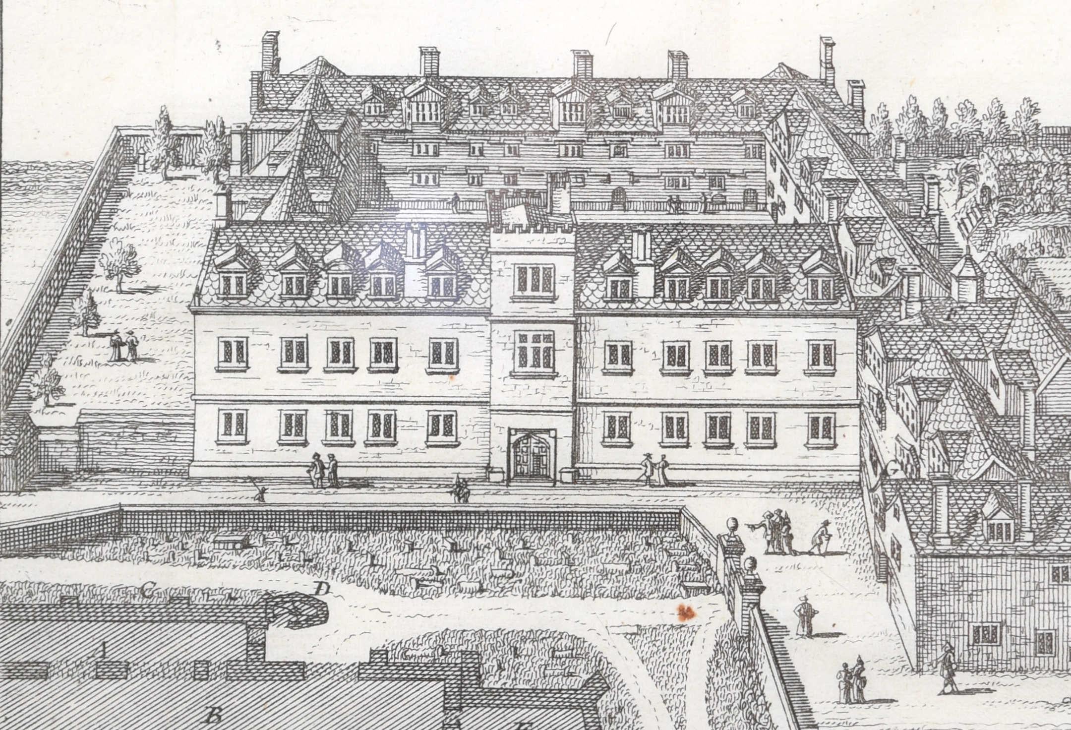 Gravure du Pembroke College, Oxford par Pieter van der Aa d'après David Loggan en vente 1