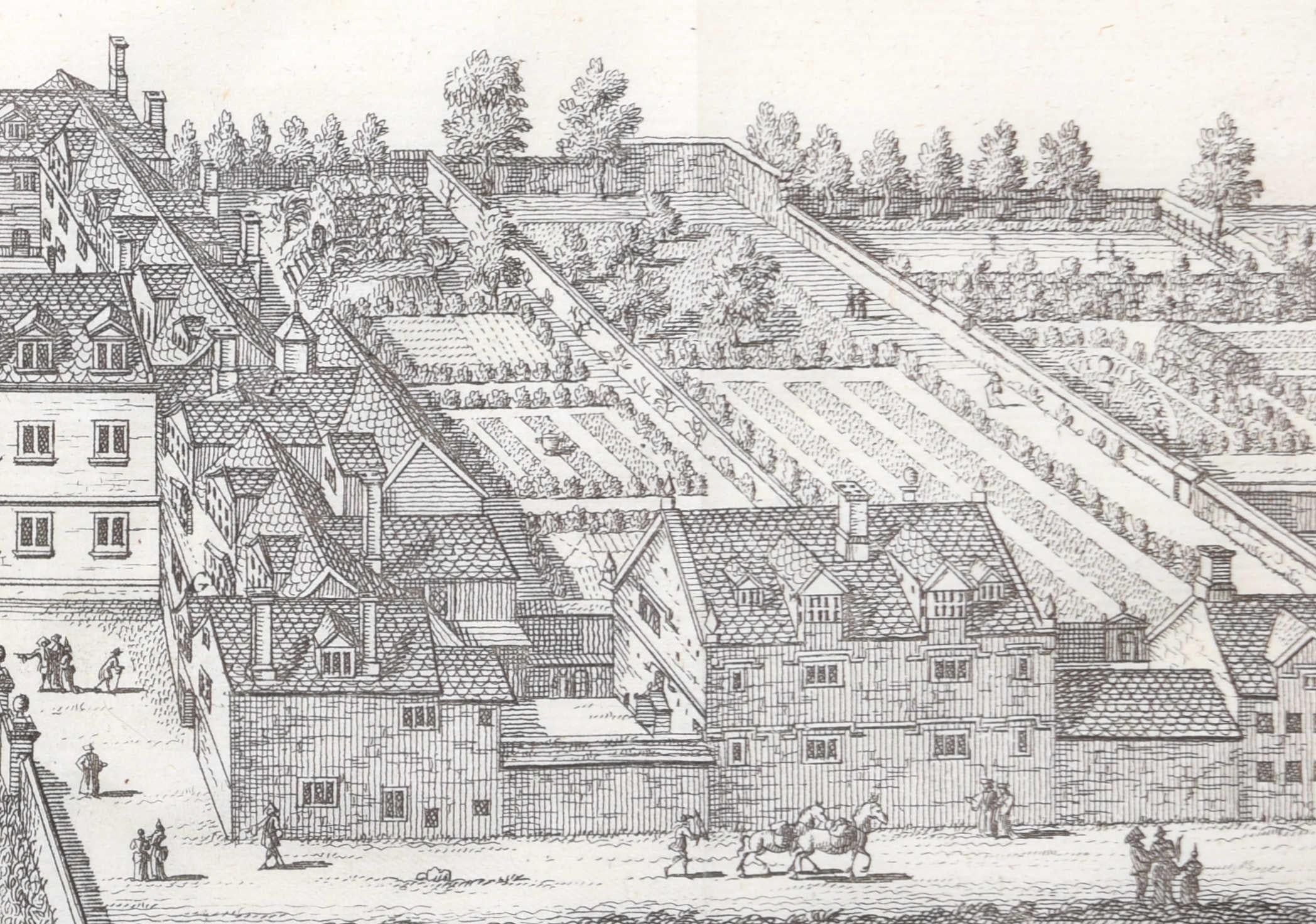 Gravure du Pembroke College, Oxford par Pieter van der Aa d'après David Loggan en vente 2