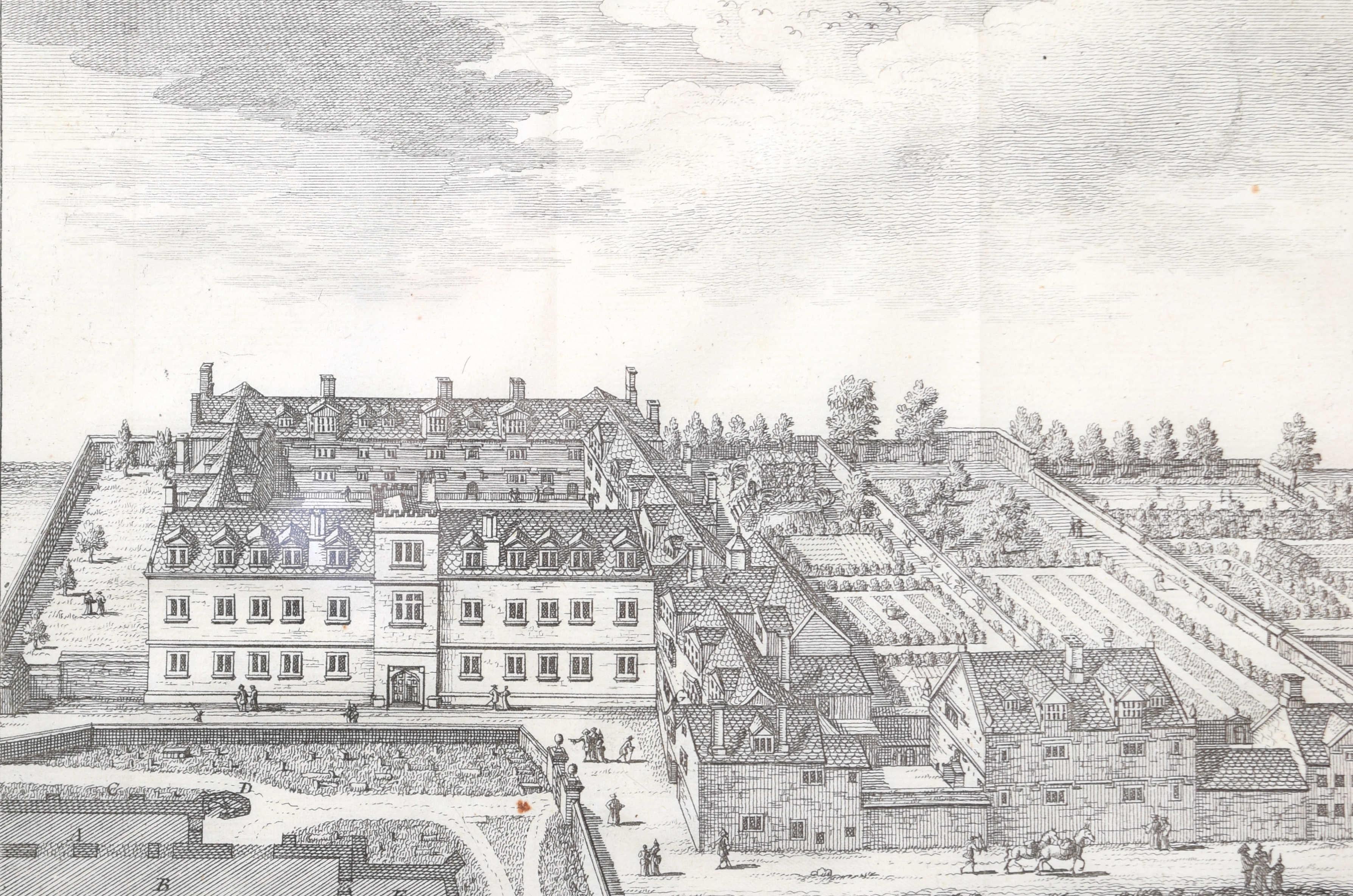 Gravure du Pembroke College, Oxford par Pieter van der Aa d'après David Loggan en vente 3