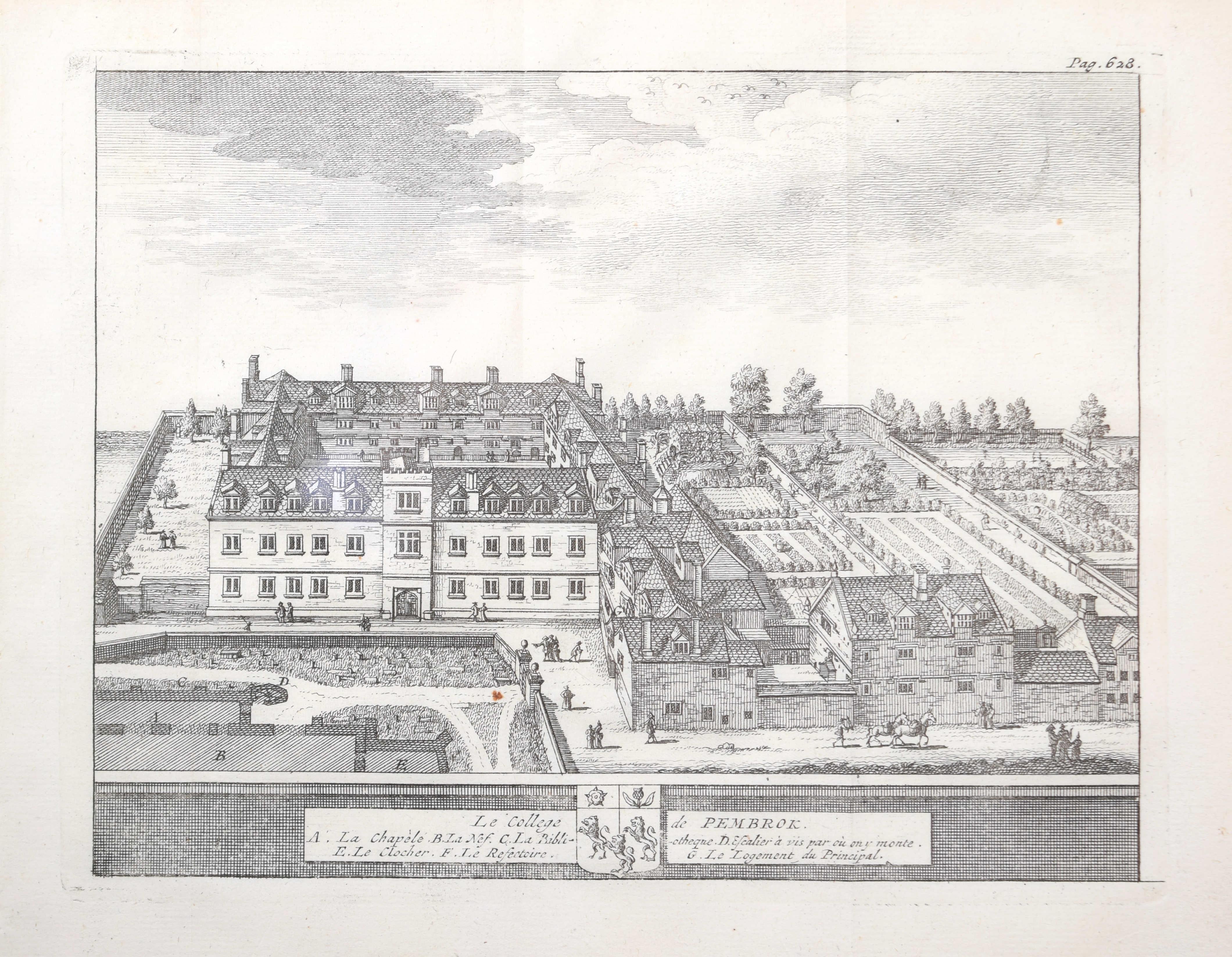 Gravure du Pembroke College, Oxford par Pieter van der Aa d'après David Loggan