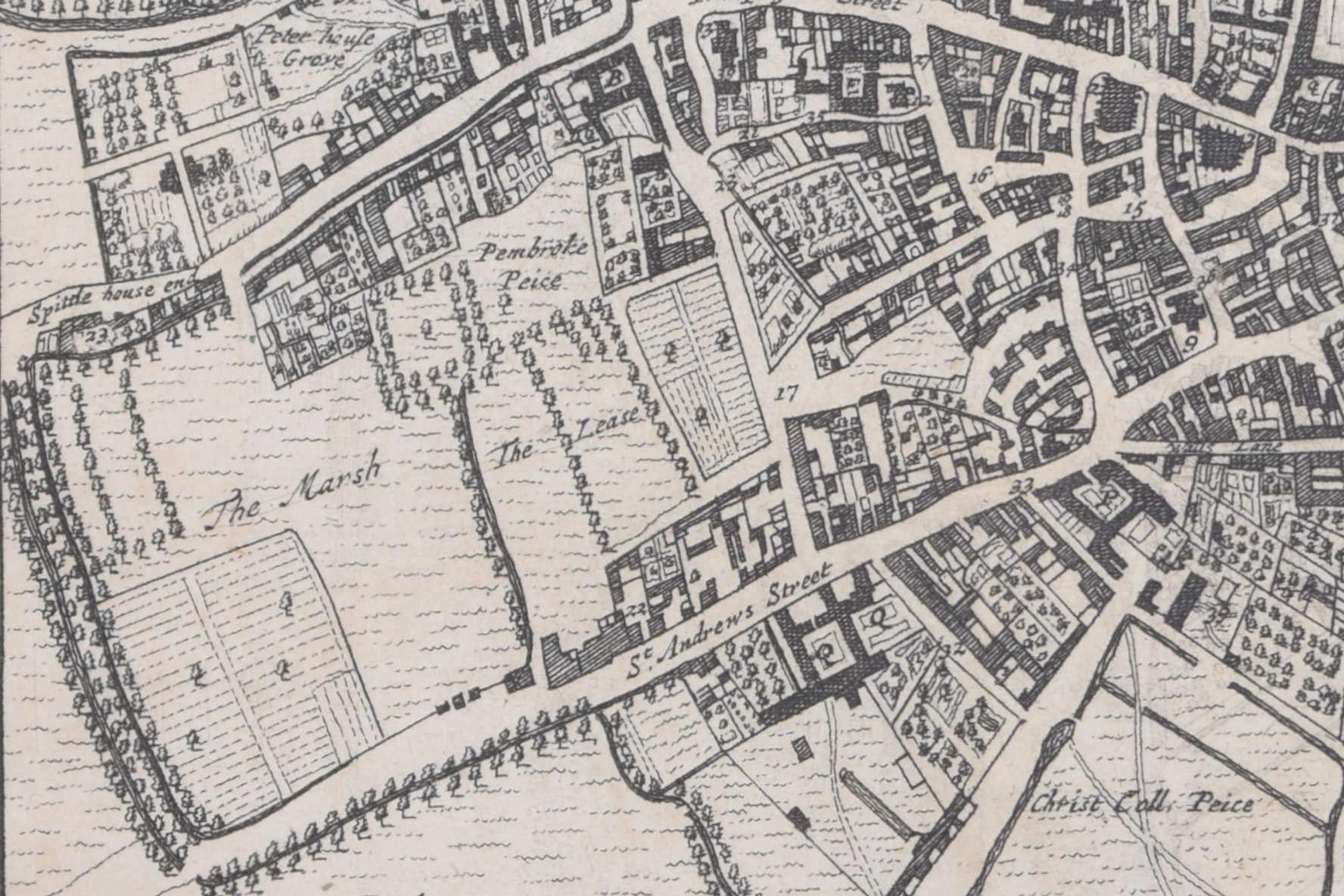 Pieter van der Aa (1659-1733), after David Loggan (1634–1692)
Map of Cambridge
12 x 16 cm
Engraving (1727)

An eighteenth-century map of Cambridge engraved by Pieter van der Aa after David Loggan, the noted engraver, draughtsman, and painter who
