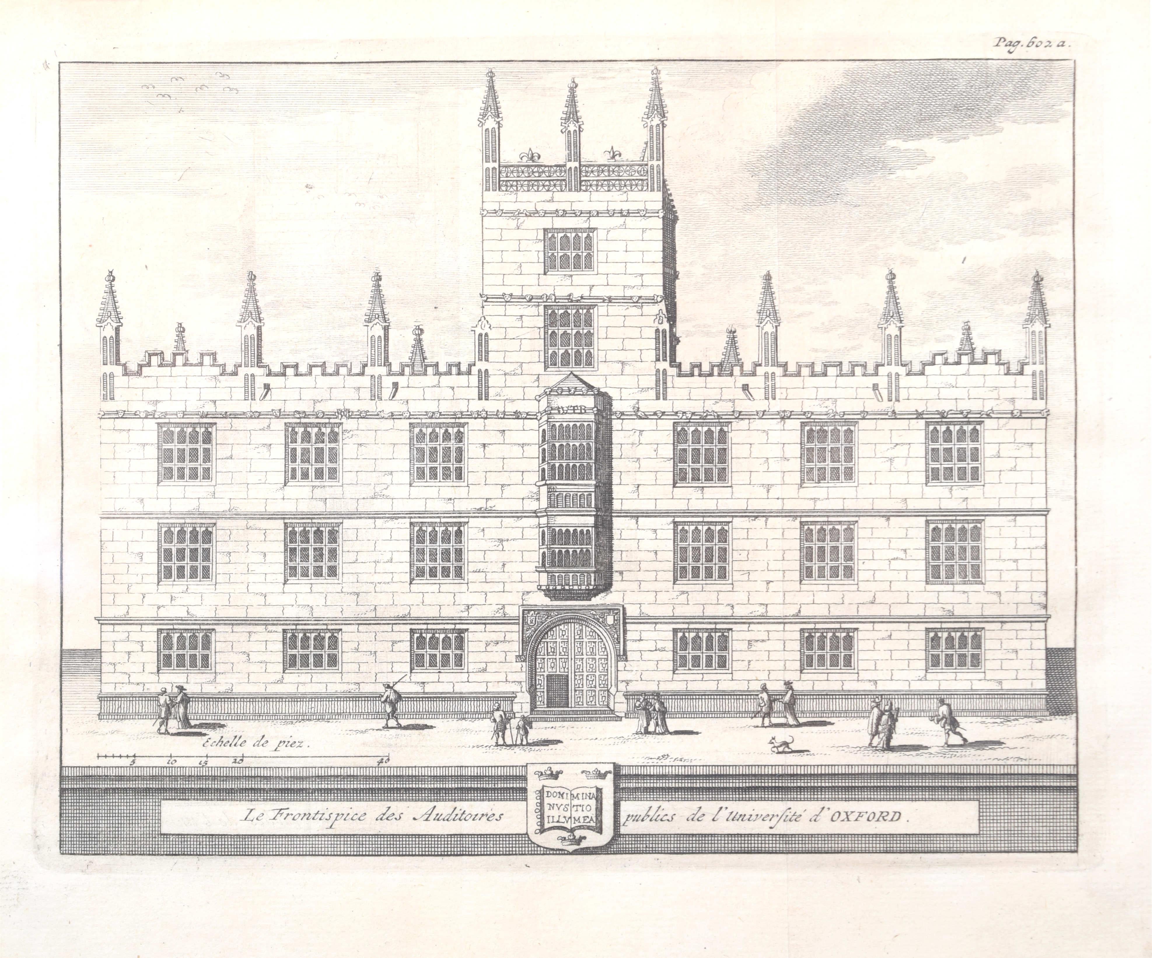 facade des écoles publiques, Université d'Oxford par Pieter van der Aa d'après David Loggan - Print de Pieter Van Der Aa