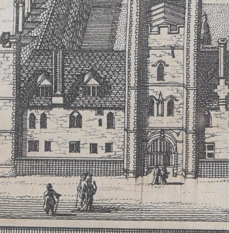 Queens' College, Cambridge engraving Pieter van der Aa after David Loggan - Realist Print by Pieter Van Der Aa