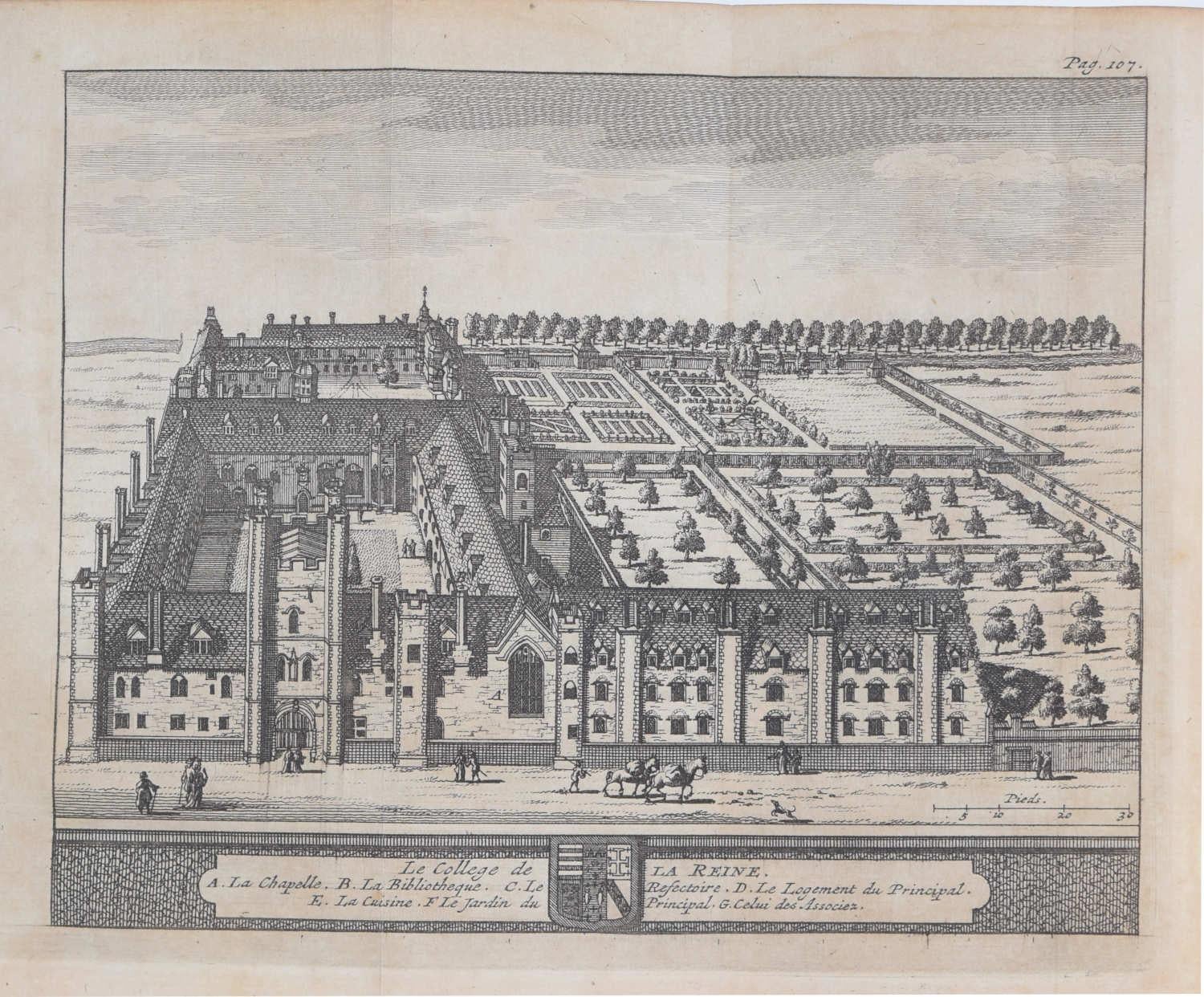 Gravure du Queens' College de Cambridge de Pieter van der Aa d'après David Loggan