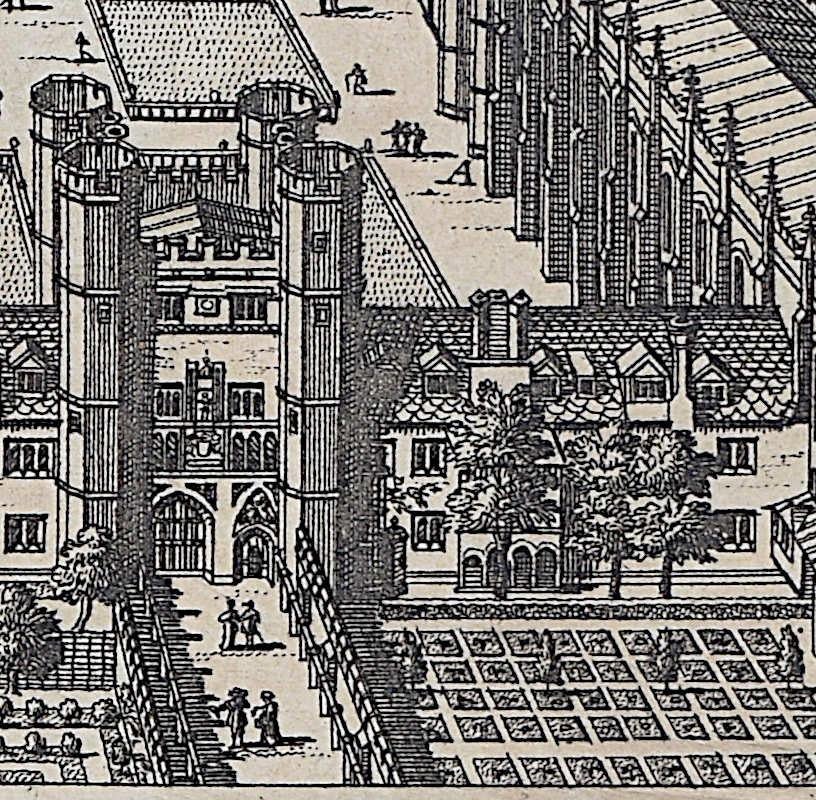 Trinity College, Cambridge engraving Pieter van der Aa after David Loggan iv - Realist Print by Pieter Van Der Aa