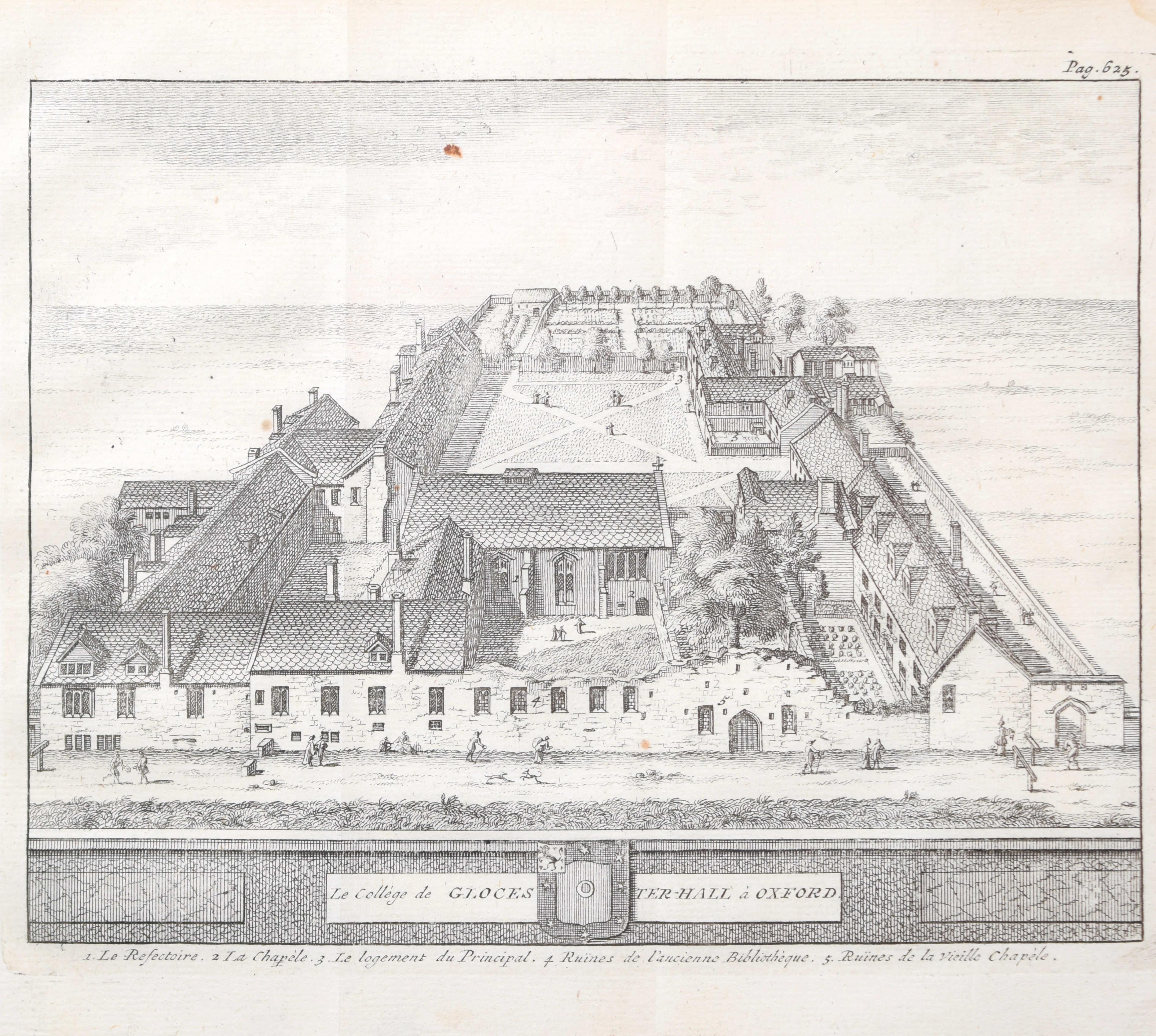 Gravure du Worcester College, Oxford par Pieter van der Aa d'après David Loggan - Print de Pieter Van Der Aa