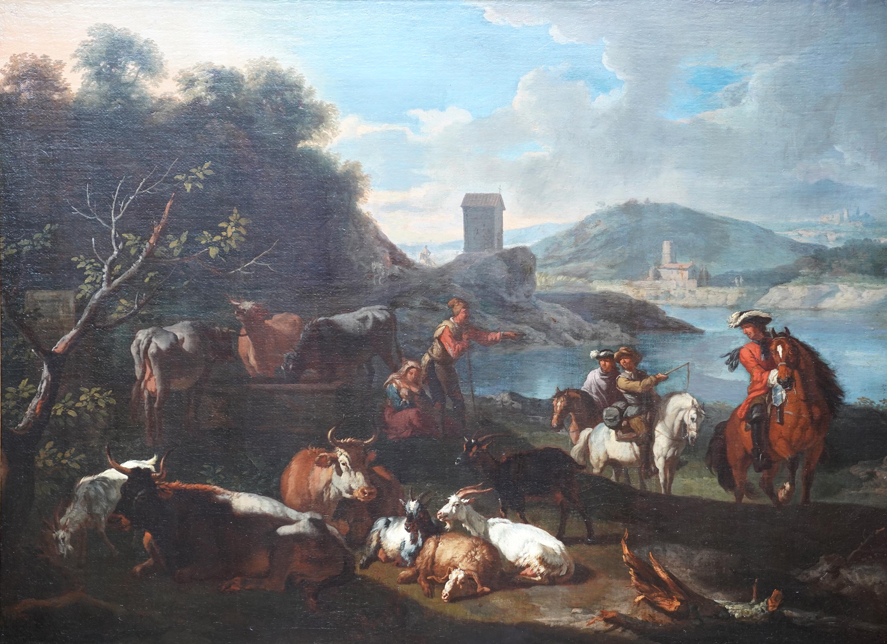Pastor con animales y jinetes en un paisaje - pintura al óleo holandesa del siglo XVII en venta 6