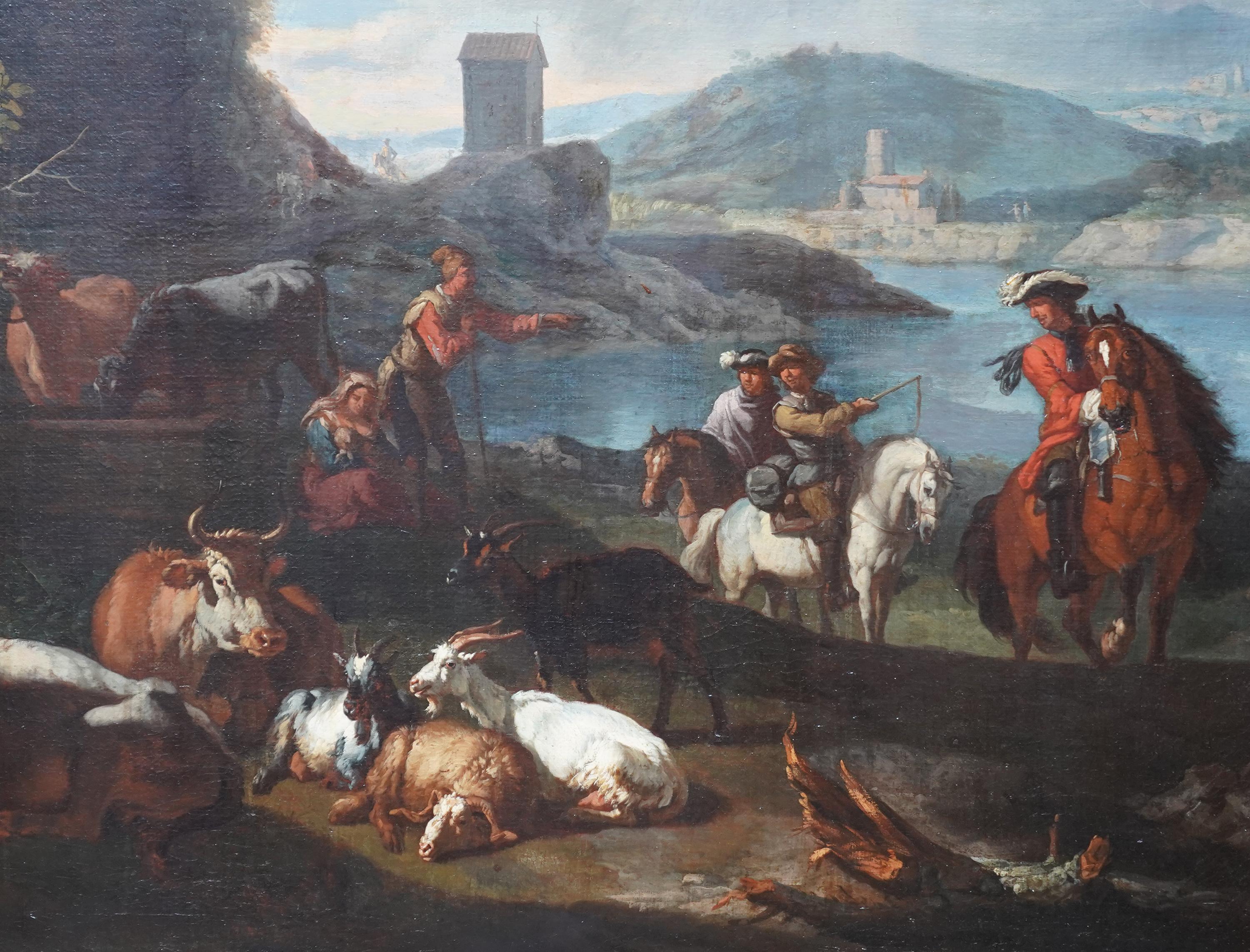 Pastor con animales y jinetes en un paisaje - pintura al óleo holandesa del siglo XVII - Figurative Painting Negro de Pieter van Laer
