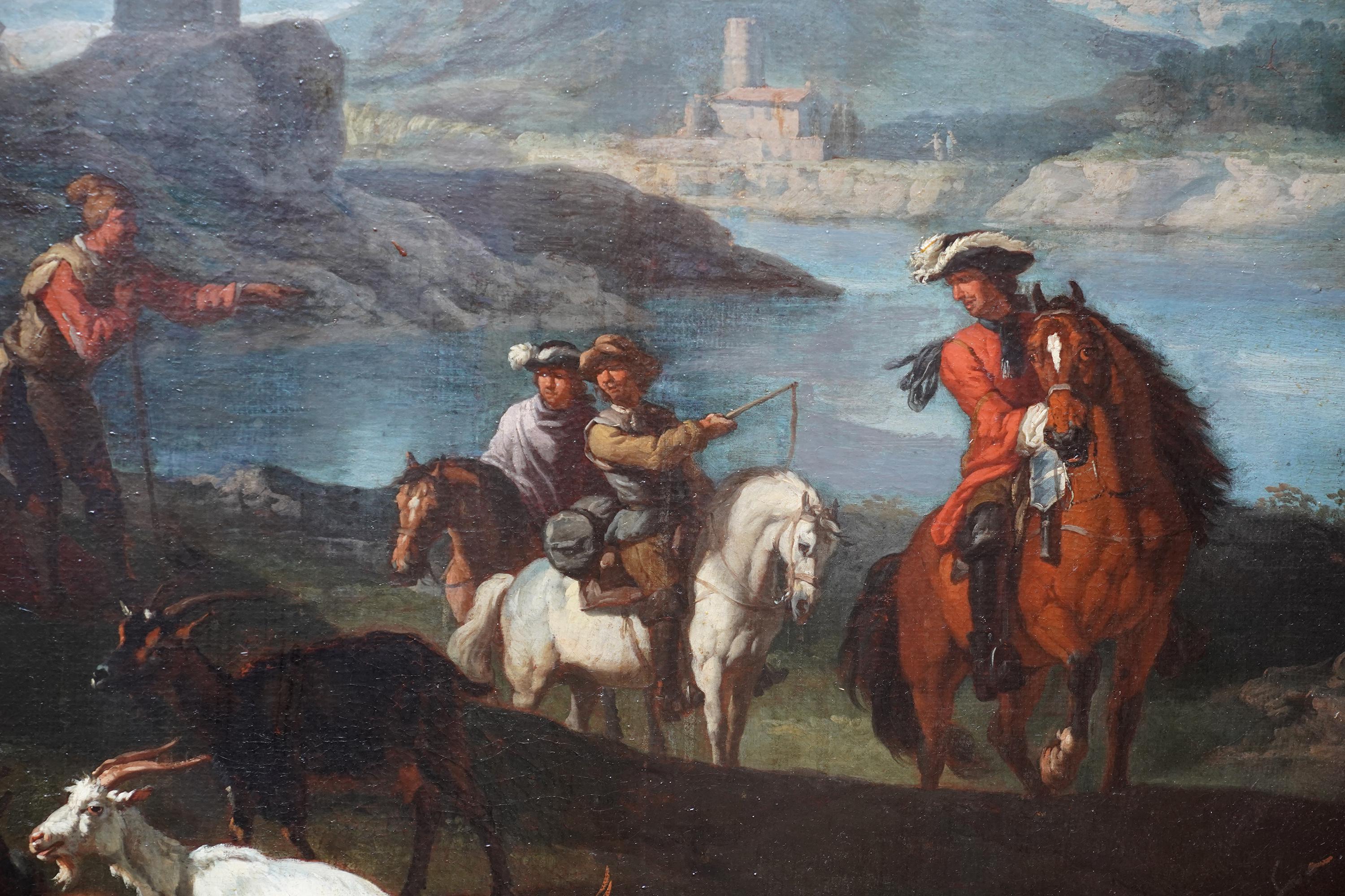 Este magnífico óleo del Viejo Maestro holandés está atribuido a Pieter Bodding van Laer. Pintada hacia 1635, durante el Siglo de Oro holandés, la composición representa varias figuras y animales en un paisaje lacustre italiano con algunos edificios