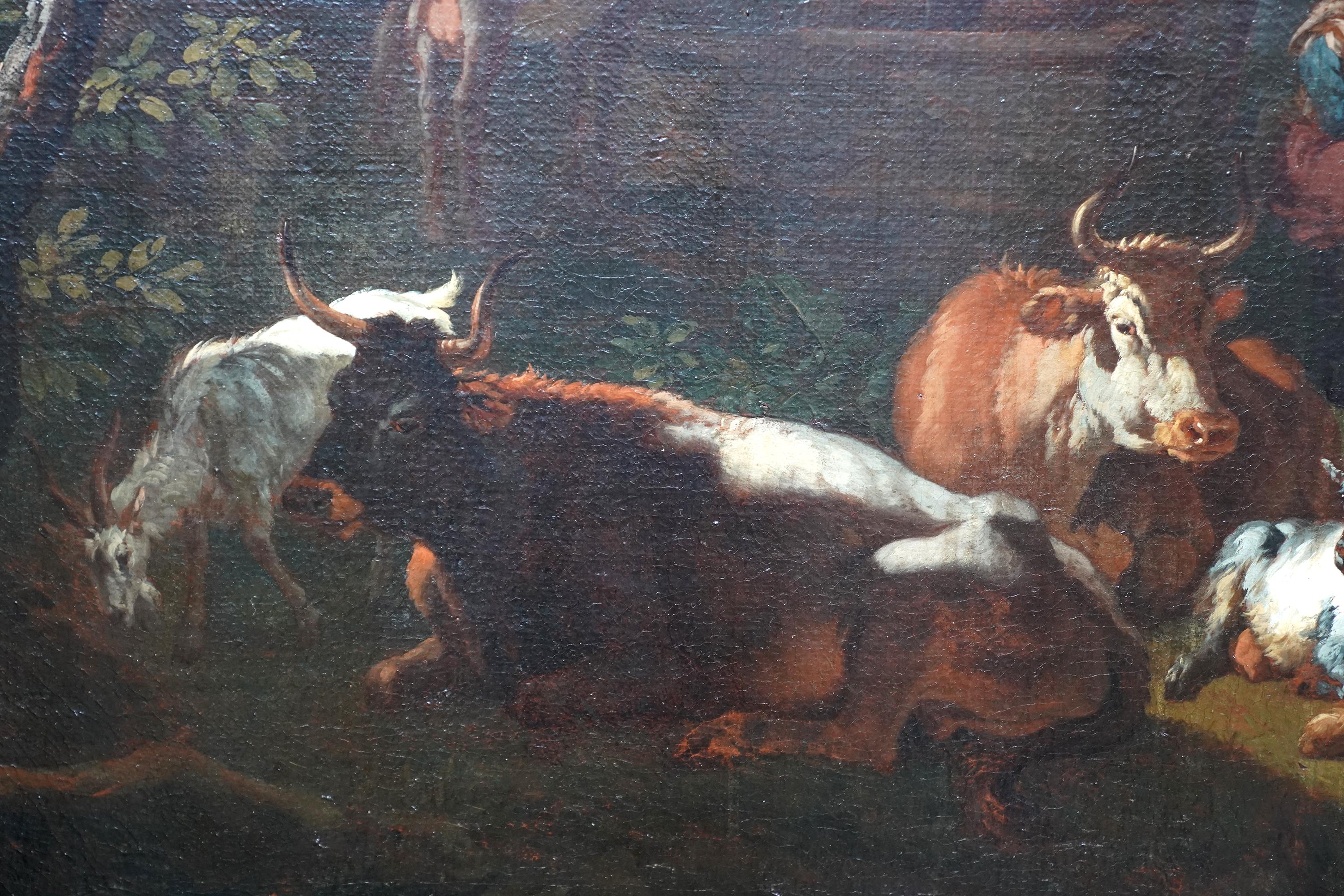 Pastor con animales y jinetes en un paisaje - pintura al óleo holandesa del siglo XVII en venta 1