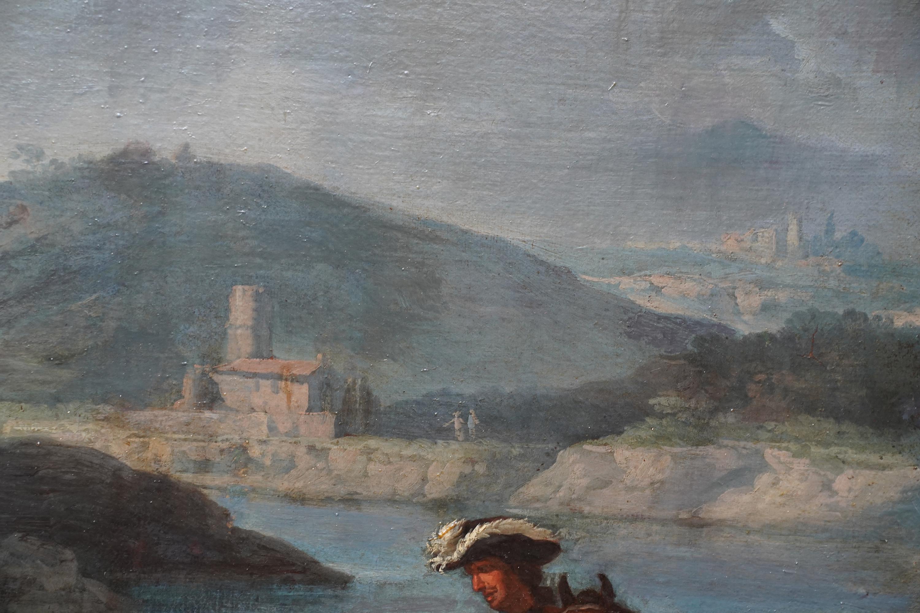 Pastor con animales y jinetes en un paisaje - pintura al óleo holandesa del siglo XVII en venta 3