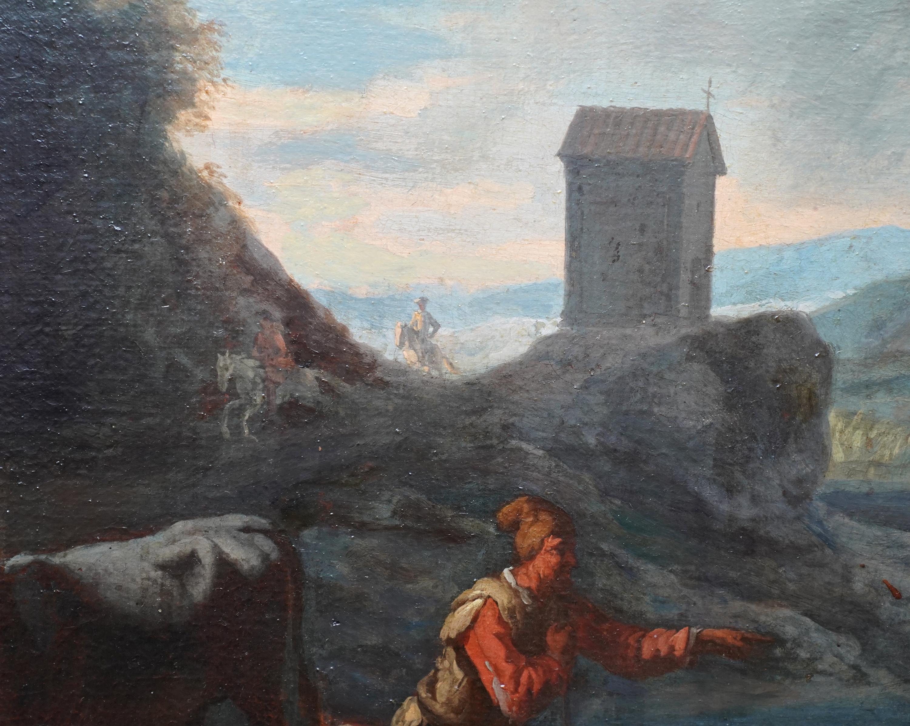 Pastor con animales y jinetes en un paisaje - pintura al óleo holandesa del siglo XVII en venta 4