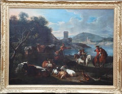 Pastor con animales y jinetes en un paisaje - pintura al óleo holandesa del siglo XVII