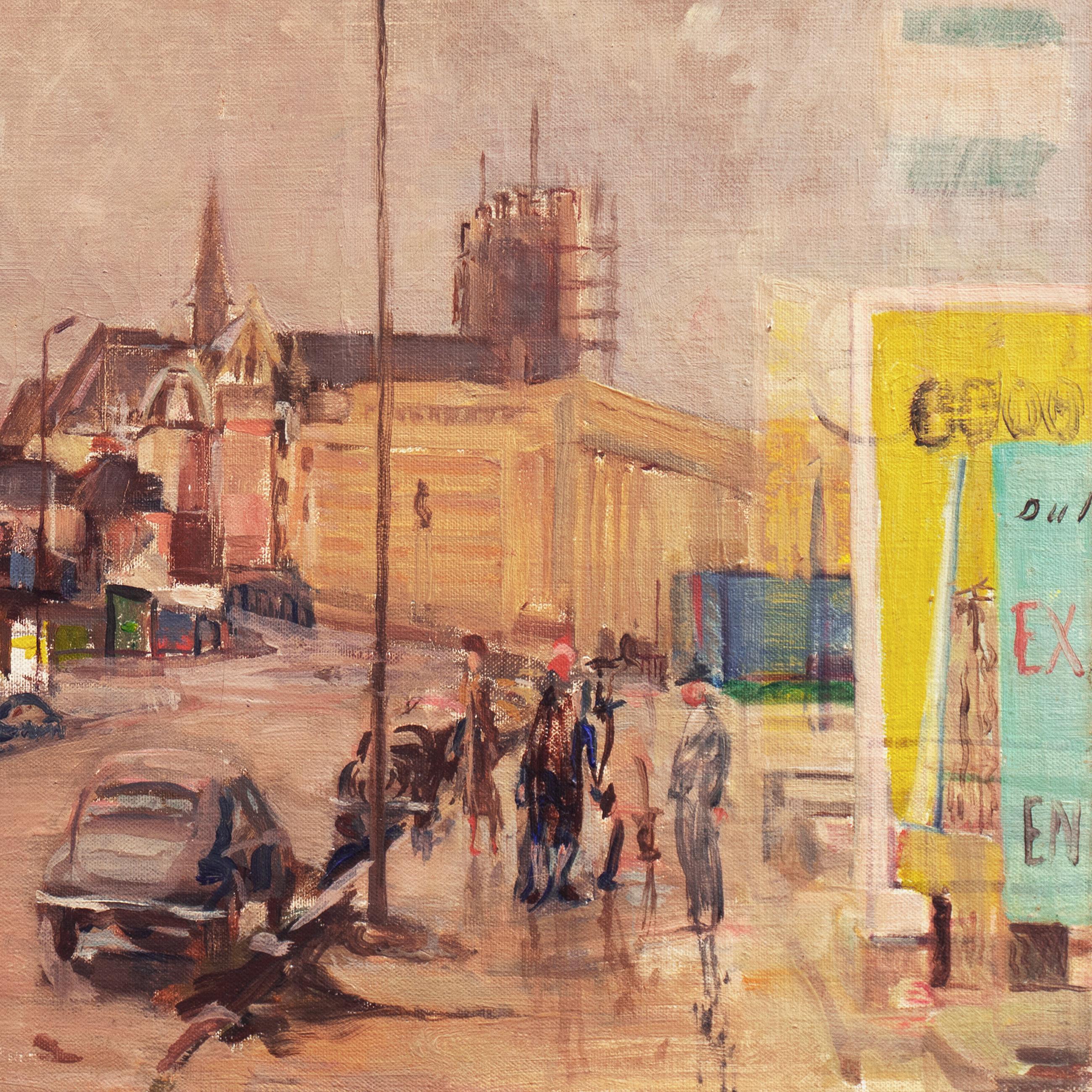 'Brussels, View from a Window', Modernist, Mid-Century Cityscape, Belgium - Beige Landscape Painting by Pieter Van Mol