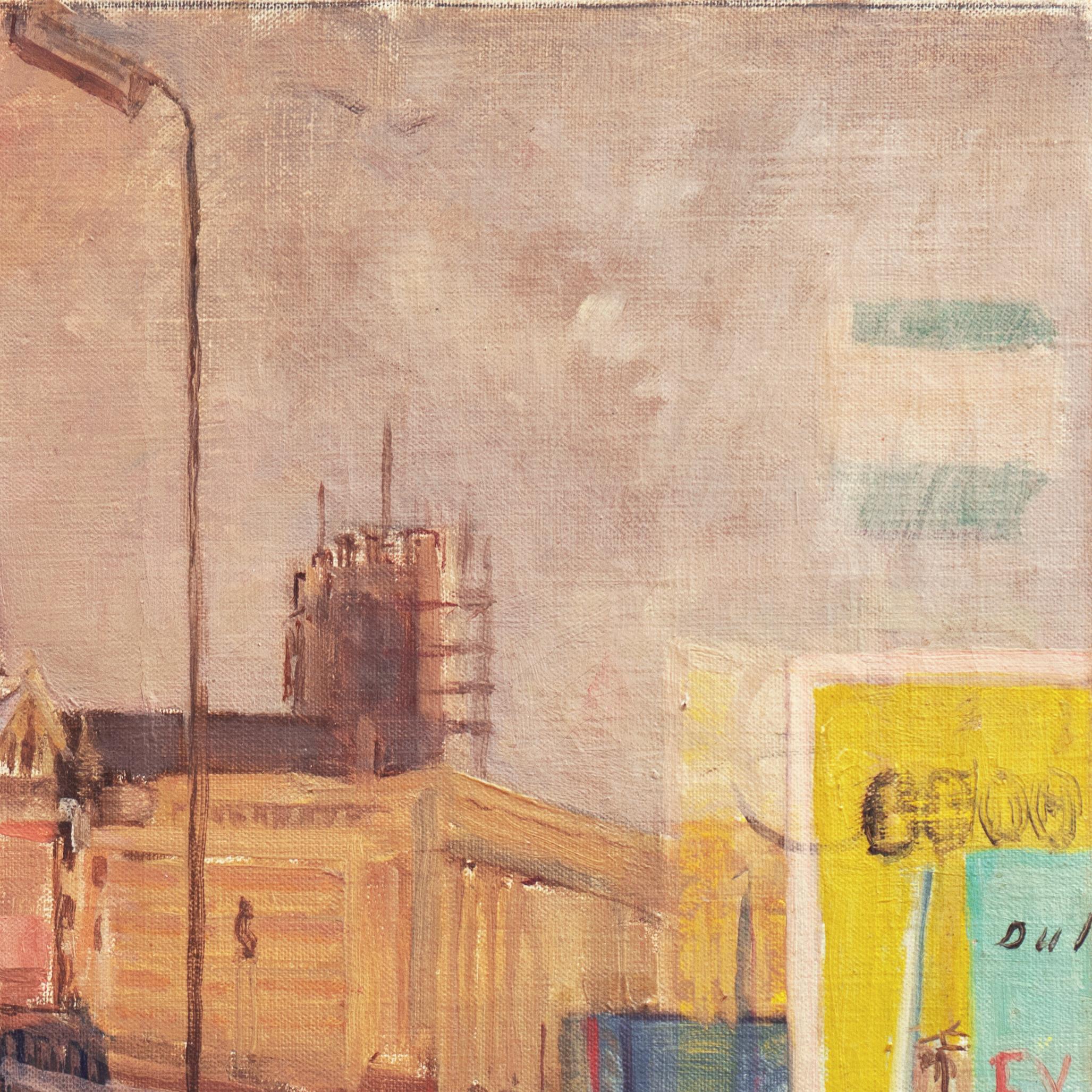 Signed lower left, 'P. van Mol' for Pieter Mol (Belgian, 1906-1988) and painted circa 1955. Additionally inscribed verso 'A souvenir from Brussels - To Will'.

A muted, mid-century oil on canvas view of a street scene in Brussels with vintage cars