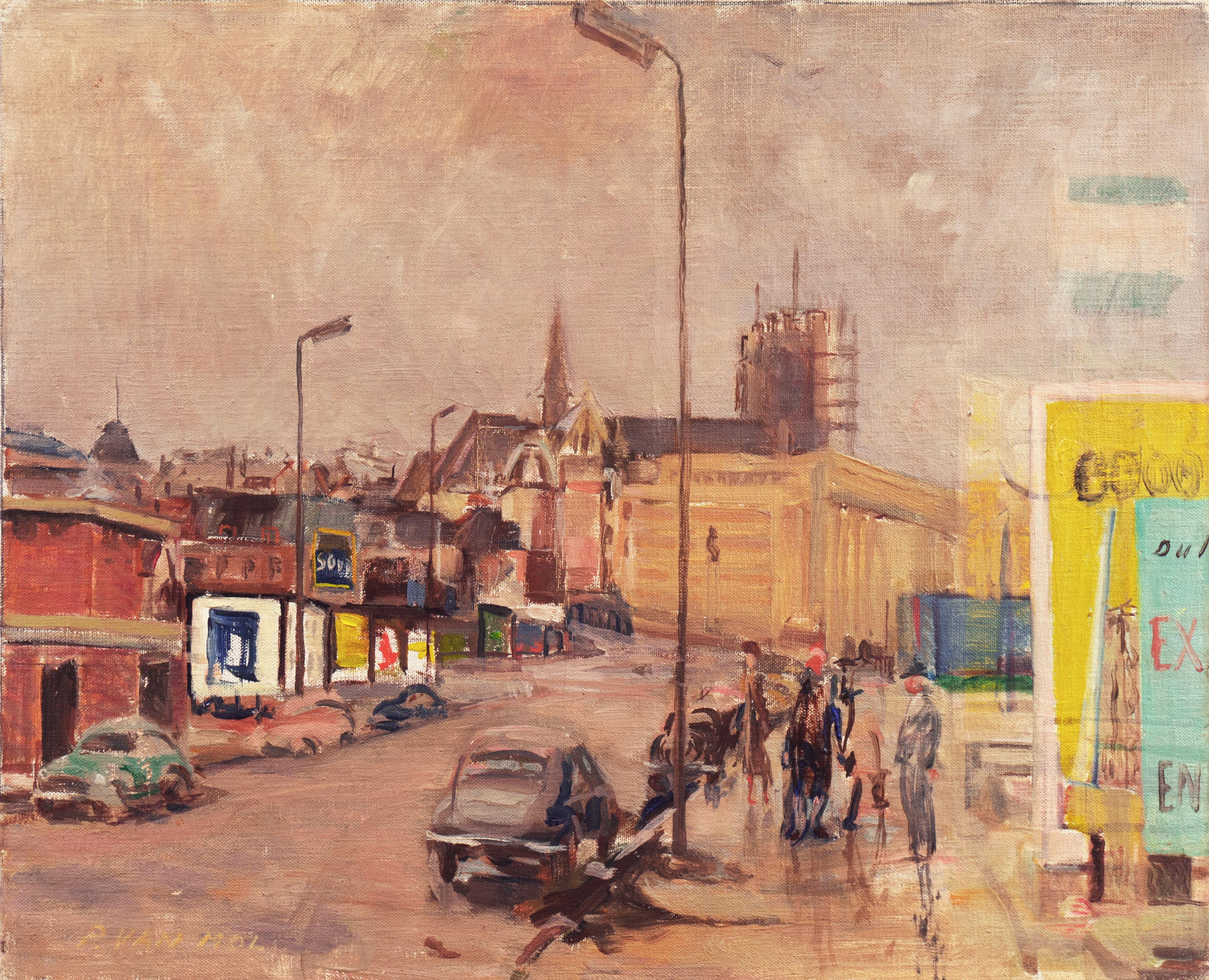 Pieter Van Mol Landscape Painting - 'Brussels, View from a Window', Modernist, Mid-Century Cityscape, Belgium