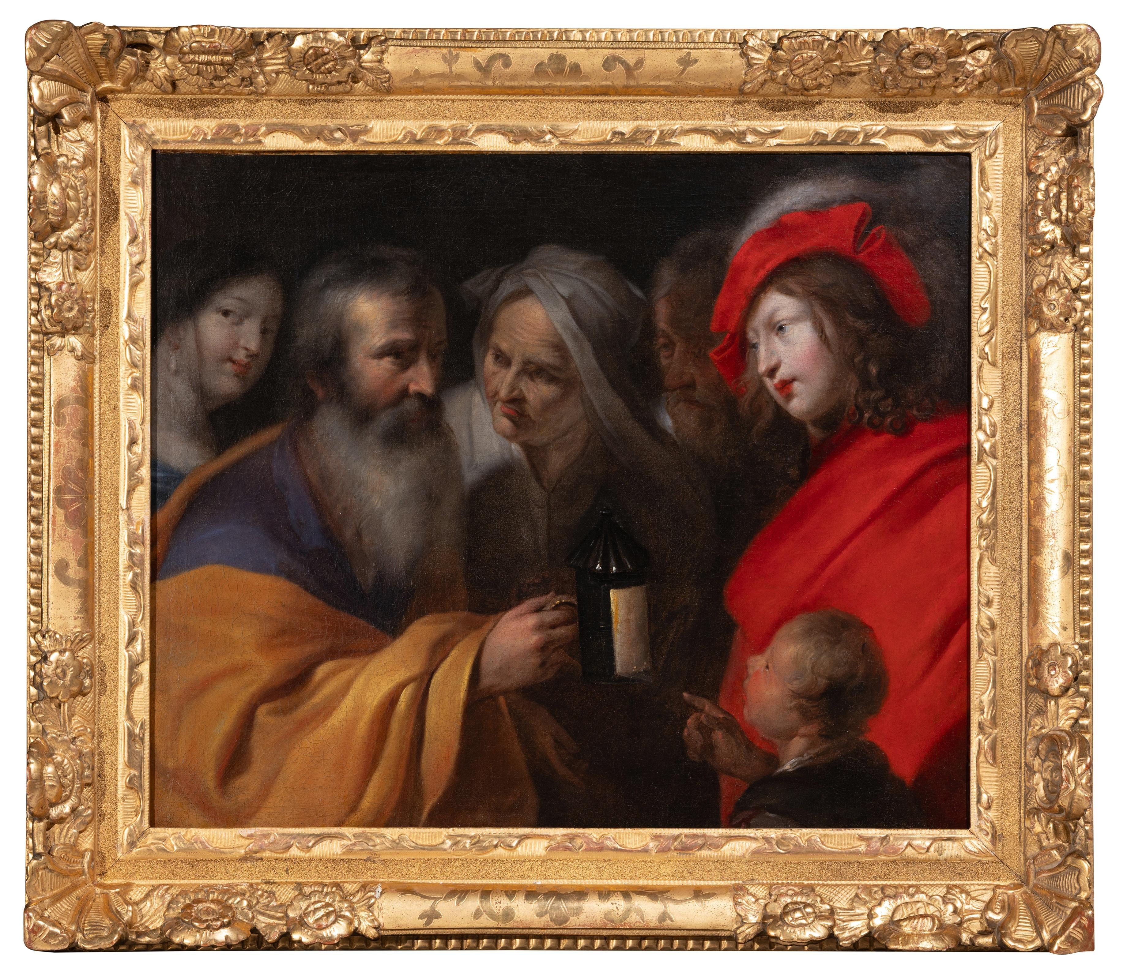 Diógenes con su linterna en busca de un hombre honrado
Estudio de Pieter Van Mol (Amberes 1599 - París 1650)
París, mediados del siglo XVII
Óleo sobre lienzo, alto 44,5 cm, ancho 54 cm
Marco de madera dorada ricamente tallada de la época Luis XIV