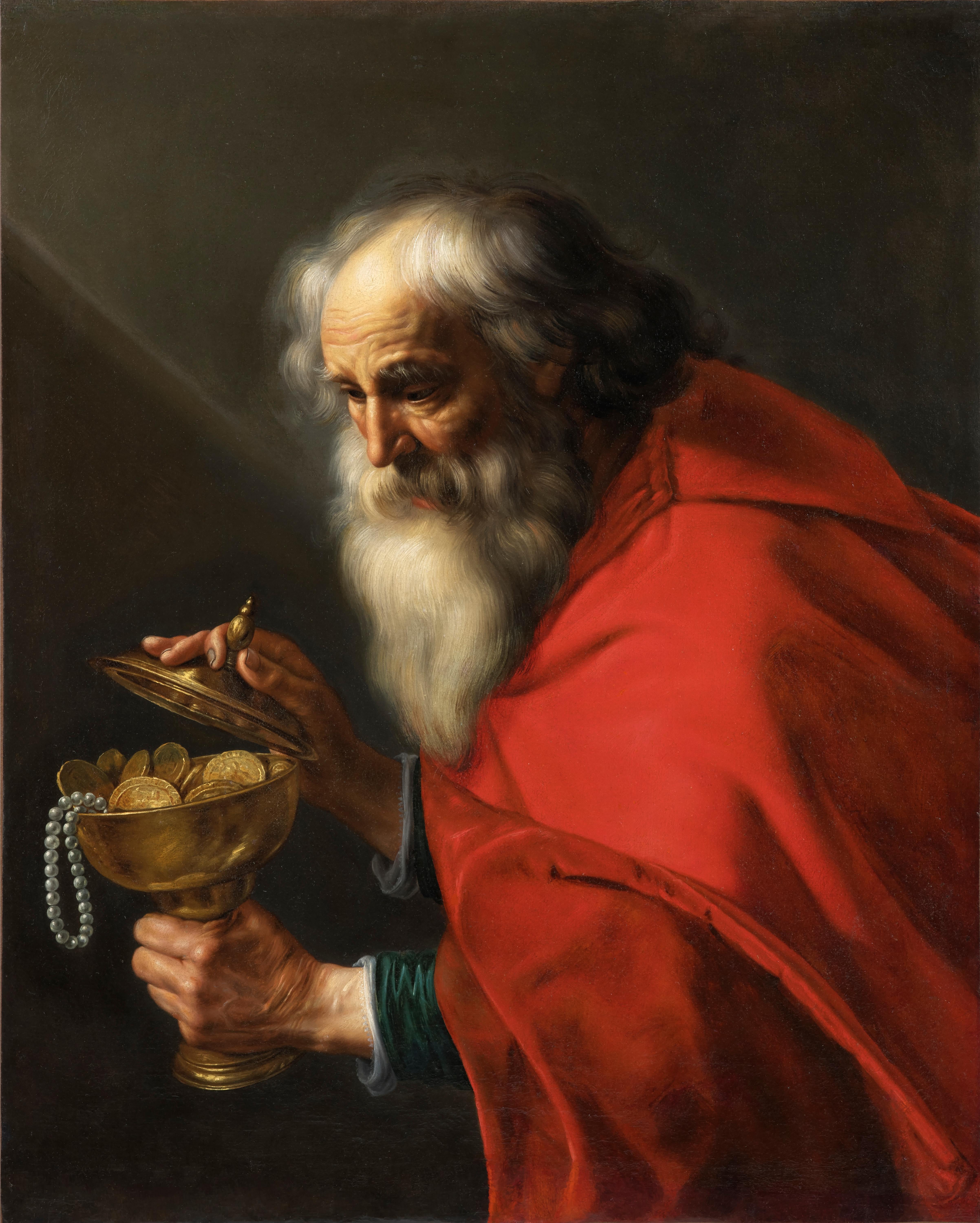 Dans ce tableau puissant:: Pieter van Mol présente la figure paradoxale d'un vieil homme portant un ciboire rempli de pièces d'or:: éclairé par un rayon de lumière. L'interprétation la plus plausible de cette peinture est qu'elle représente le plus