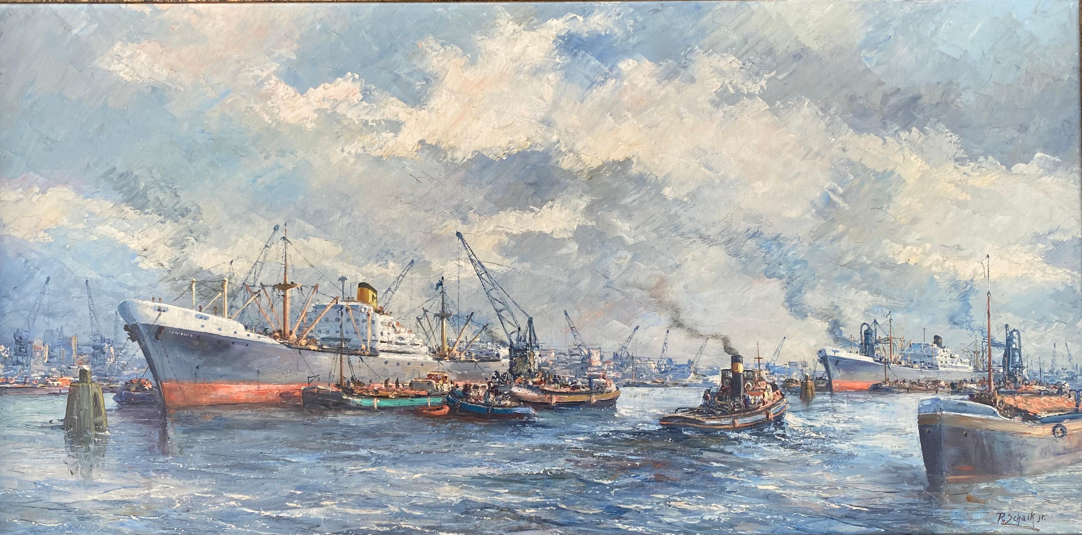 Port de Rotterdam - Post-impressionnisme Painting par Pieter Van Schaik Jr.