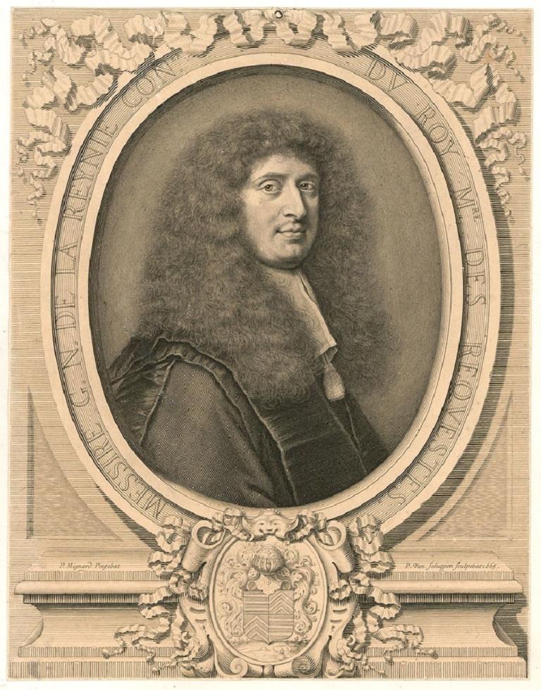 A fine engraved portrait of the founder of the modern police force,Gabriel Nicolas de la Reynie (1625-1709), engraved by Pieter Van Schuppen (1627-1702) after the original portrait by Pierre Mignard (1612-1695). This well executed portrait has an