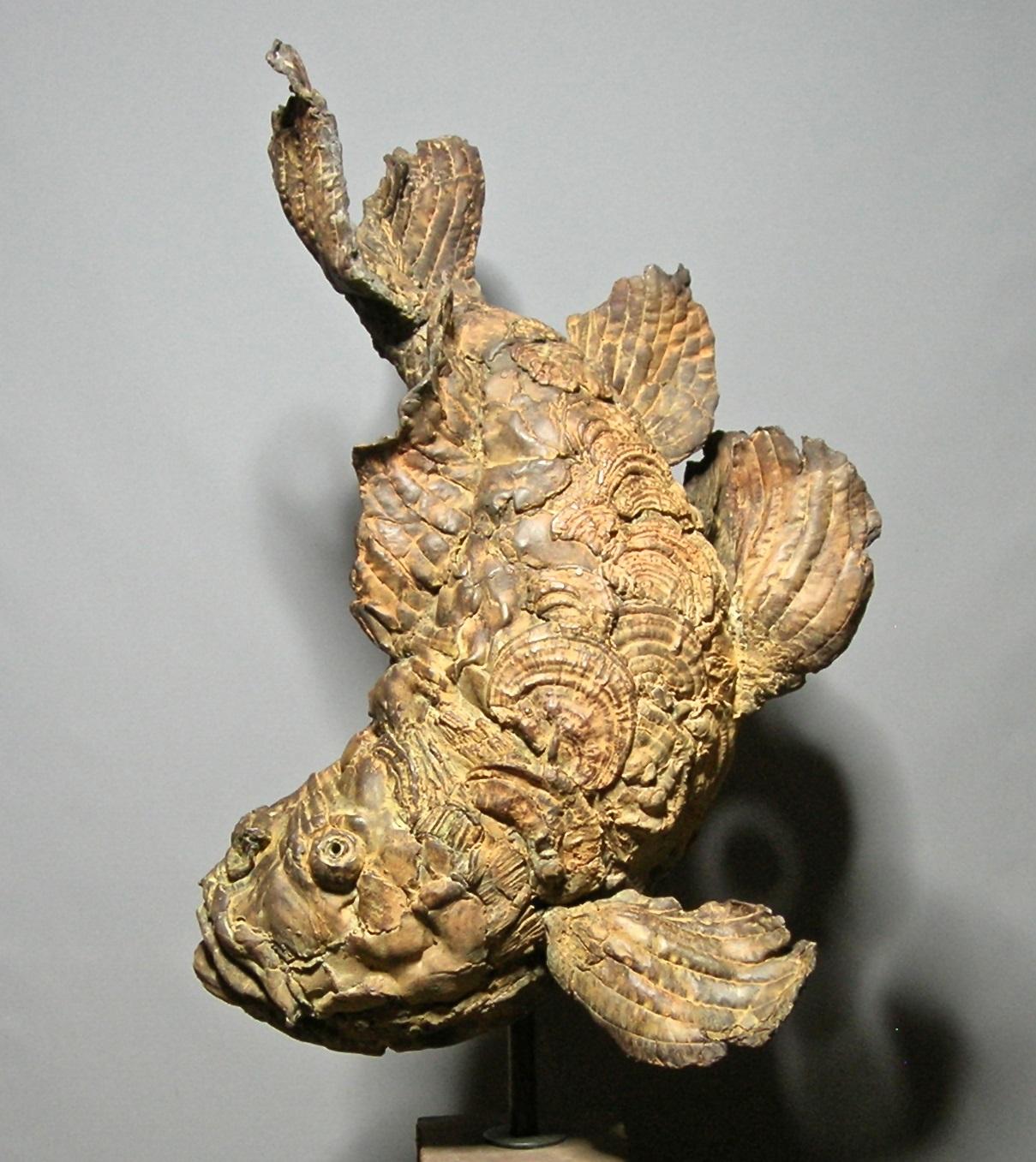Ferox Fierce Fish Bronze Sculpture on Stone  - Gold Figurative Sculpture by Pieter Vanden Daele