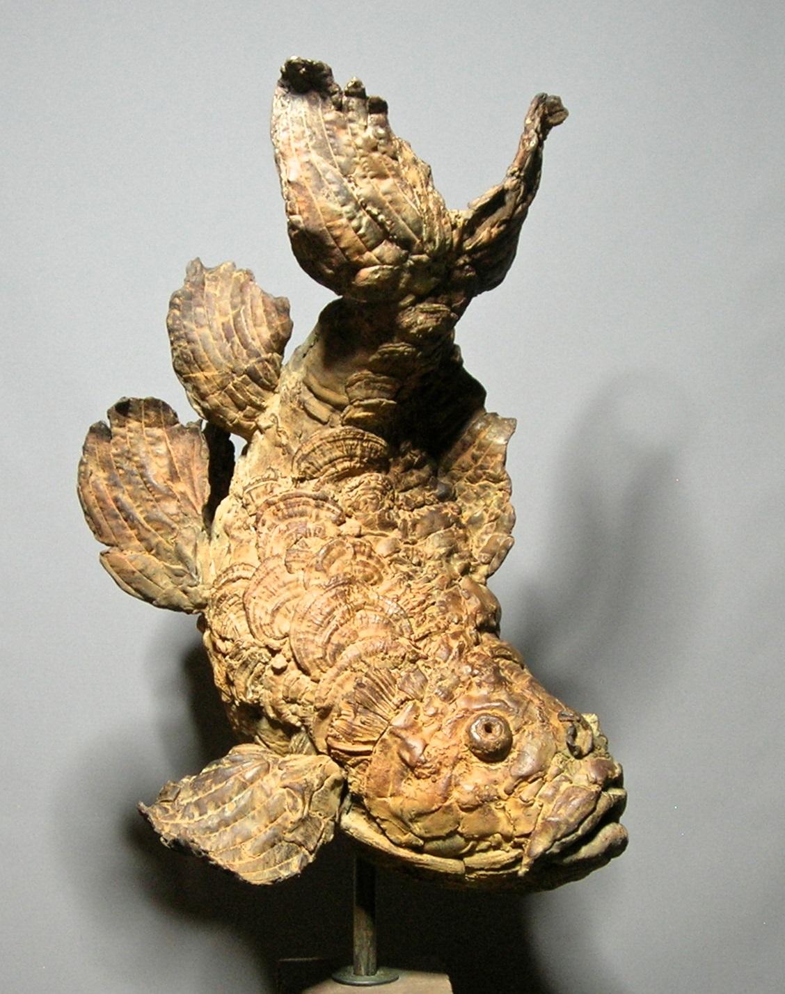 Pieter Vanden Daele Figurative Sculpture - Ferox Fierce Fish Bronze Sculpture on Stone 