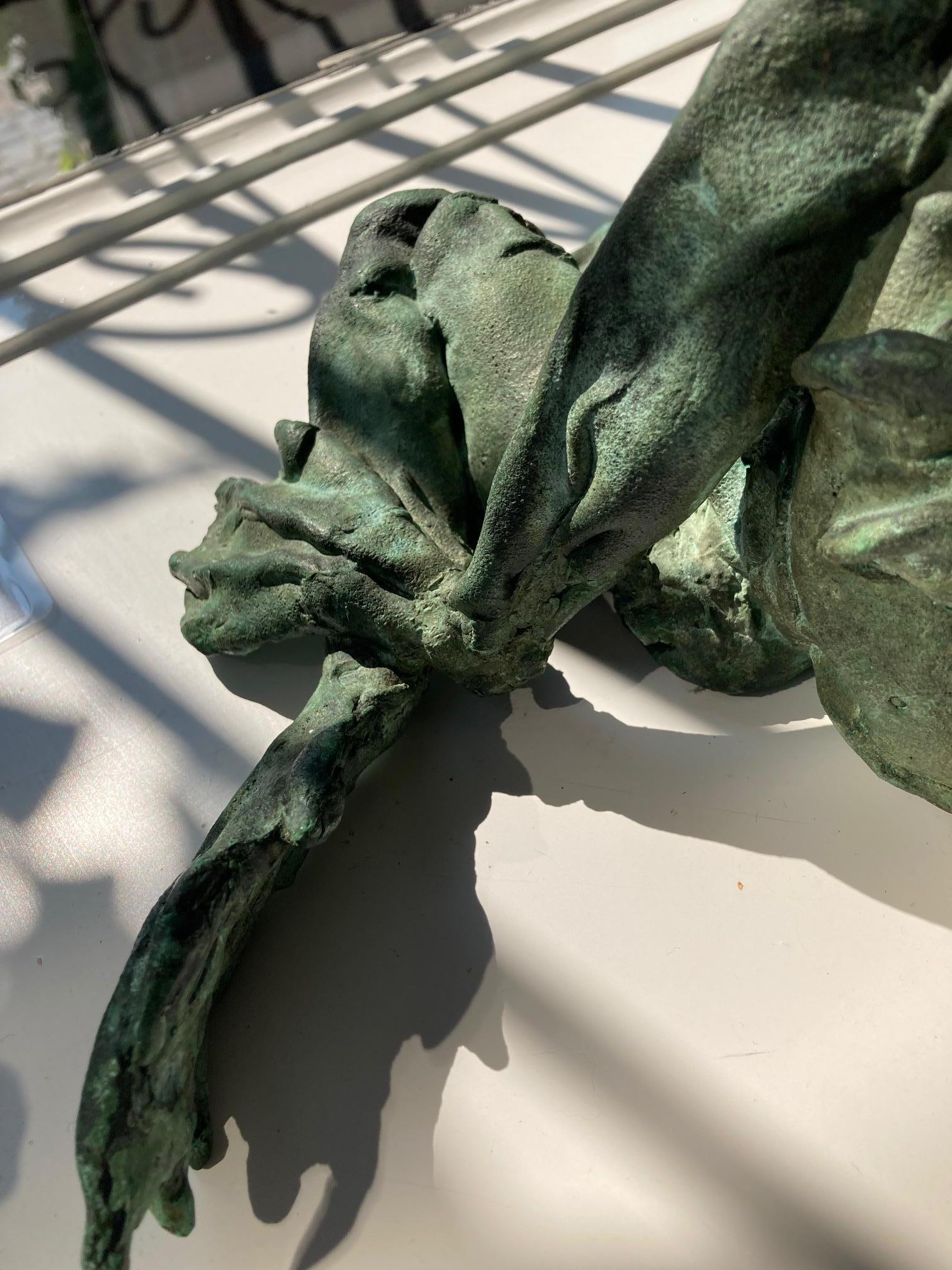 Marinus Bronze Sculpture Grenouille Verte Animal Eau 

Pieter Vanden Daele est né en Belgique en 1971. Il a grandi entre les lacs et l'Escaut. La rivière De Scheldt et les nombreux lacs constituent un environnement idéal pour les pêcheurs. Lorsque