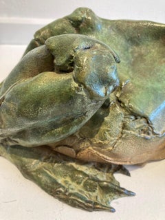 Sleeping Frog Bronze Sculpture Animal Green Patina Outside Realism In Stock