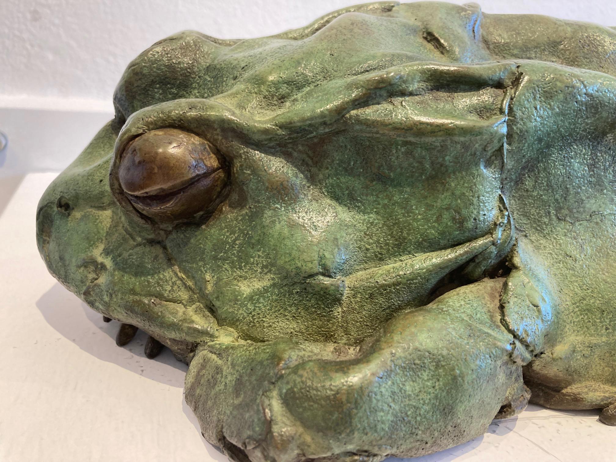 Sleeping Frog Bronze Sculpture Animal Green Patina Outside Realism In Stock 1