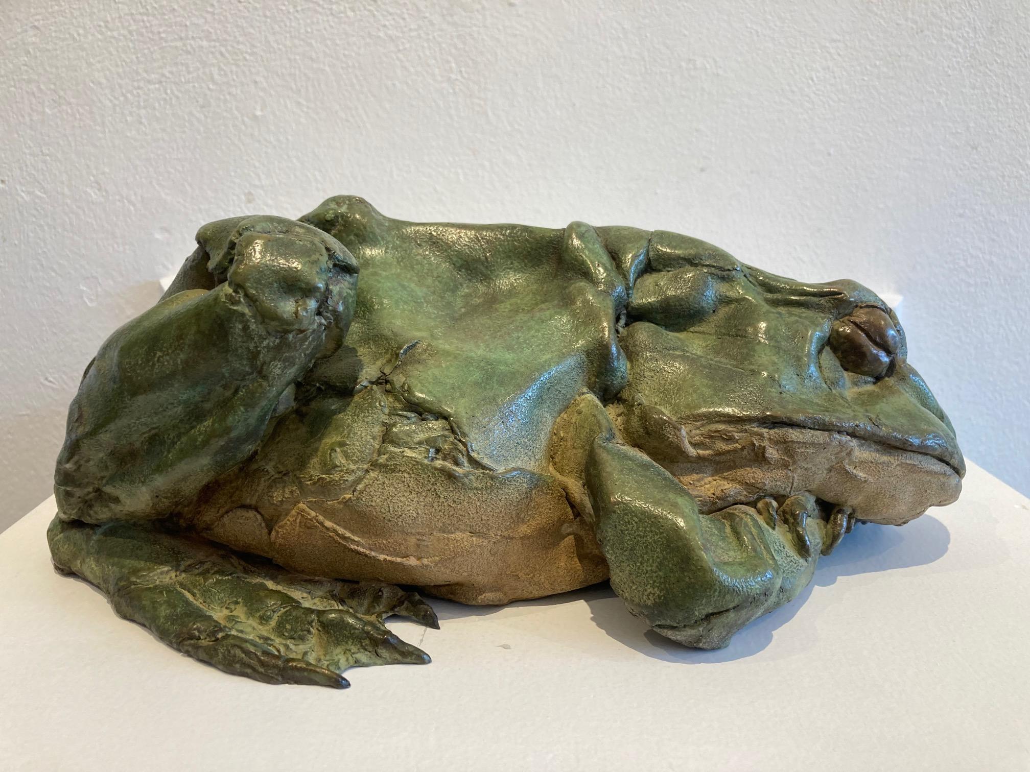 Sleeping Frog Bronze Sculpture Animal Green Patina Outside Realism In Stock 3