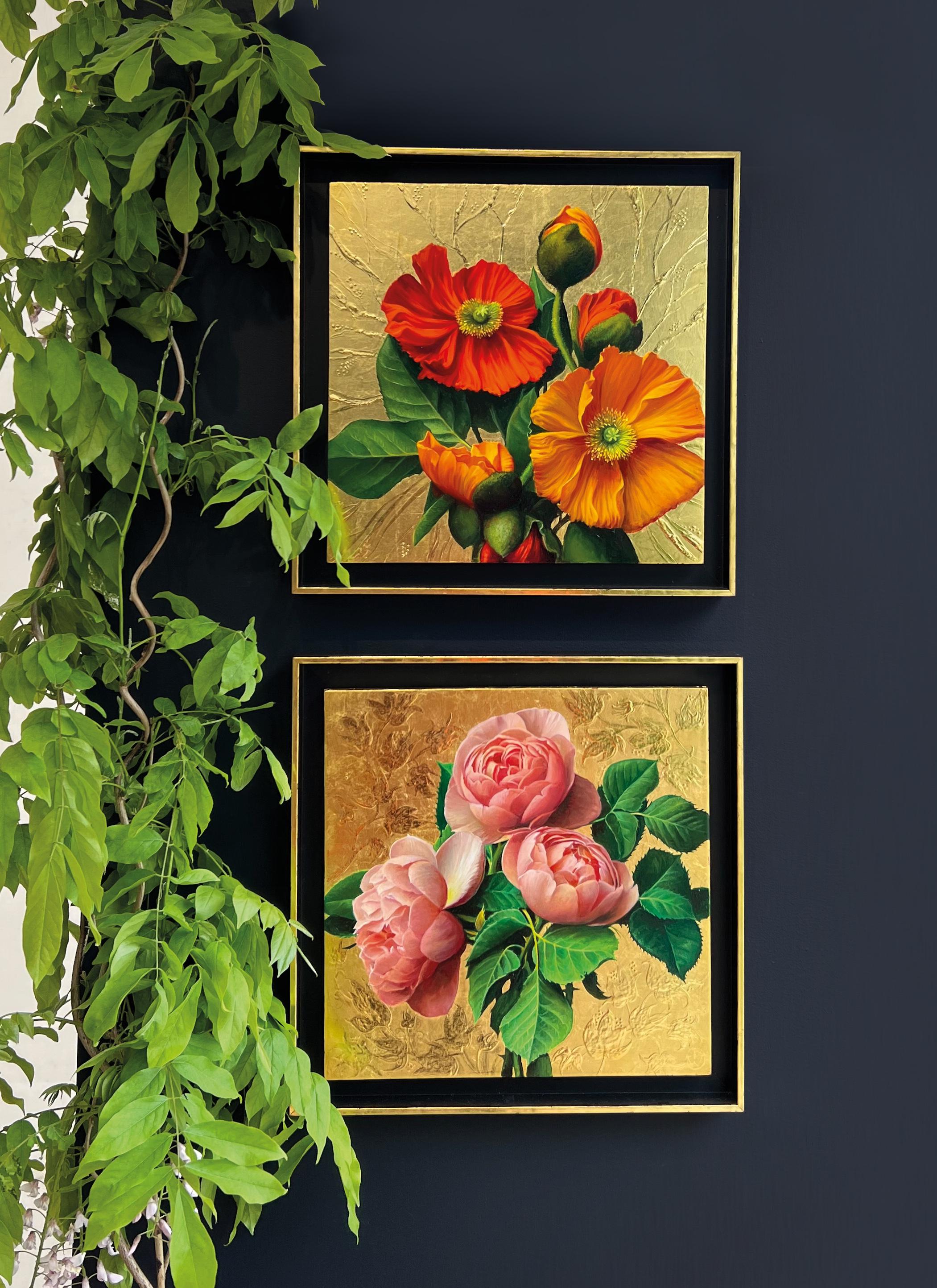 Pair of Pieter Wagemans Realist Floral Still Lifes with Gold Leaf For Sale 1