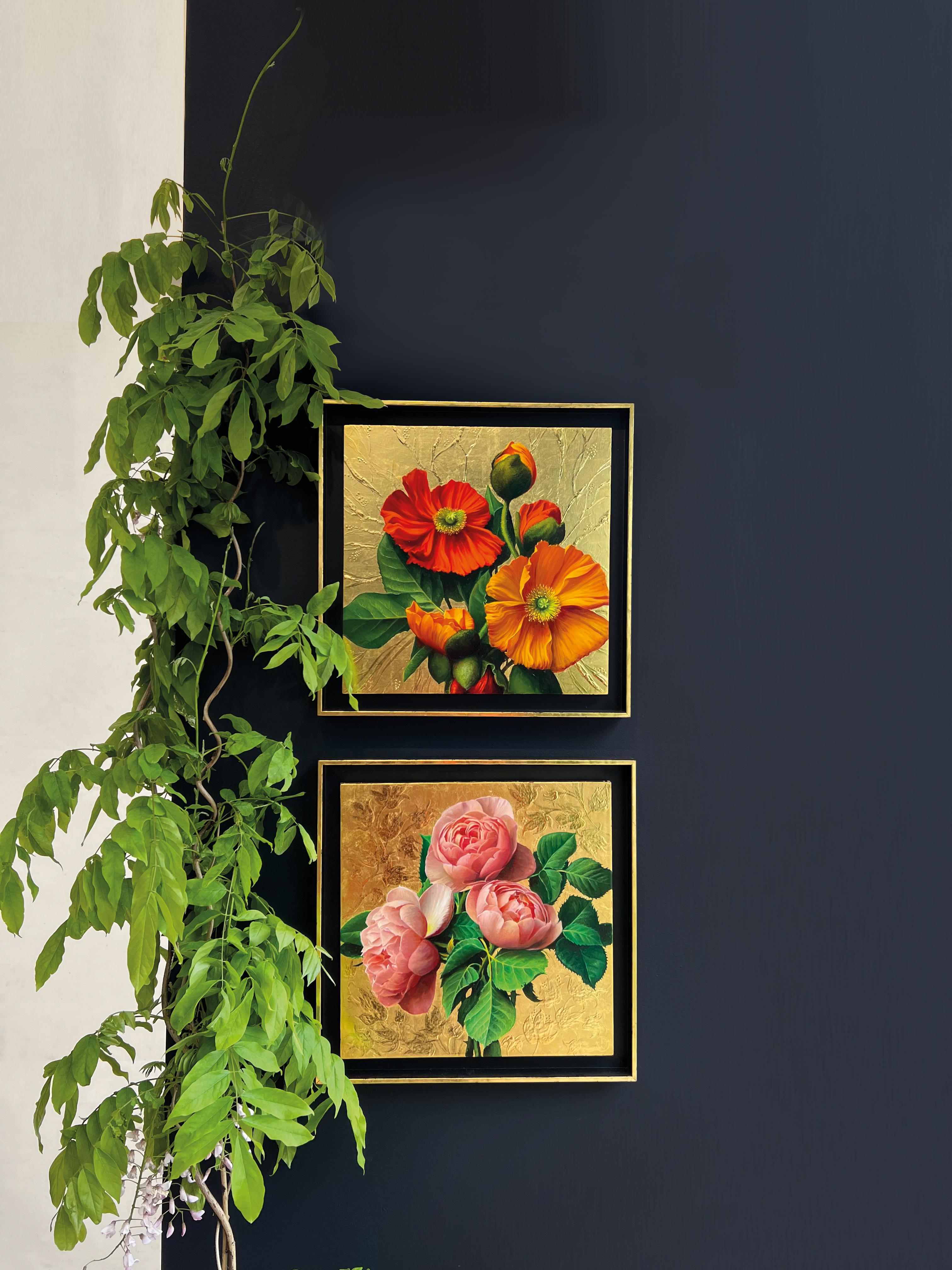 Pair of Pieter Wagemans Realist Floral Still Lifes with Gold Leaf For Sale 2