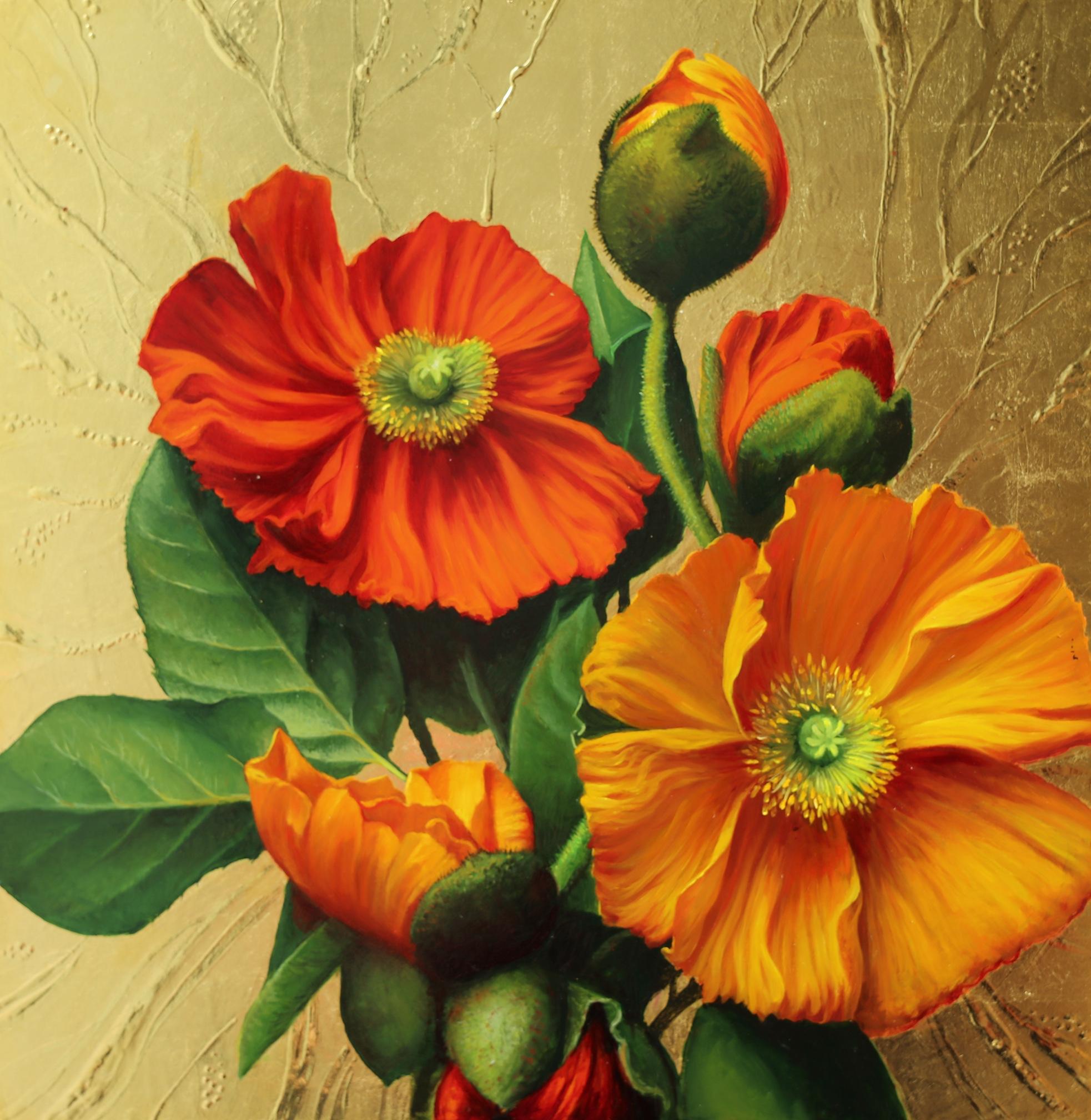 Pair of Pieter Wagemans Realist Floral Still Lifes with Gold Leaf For Sale 3
