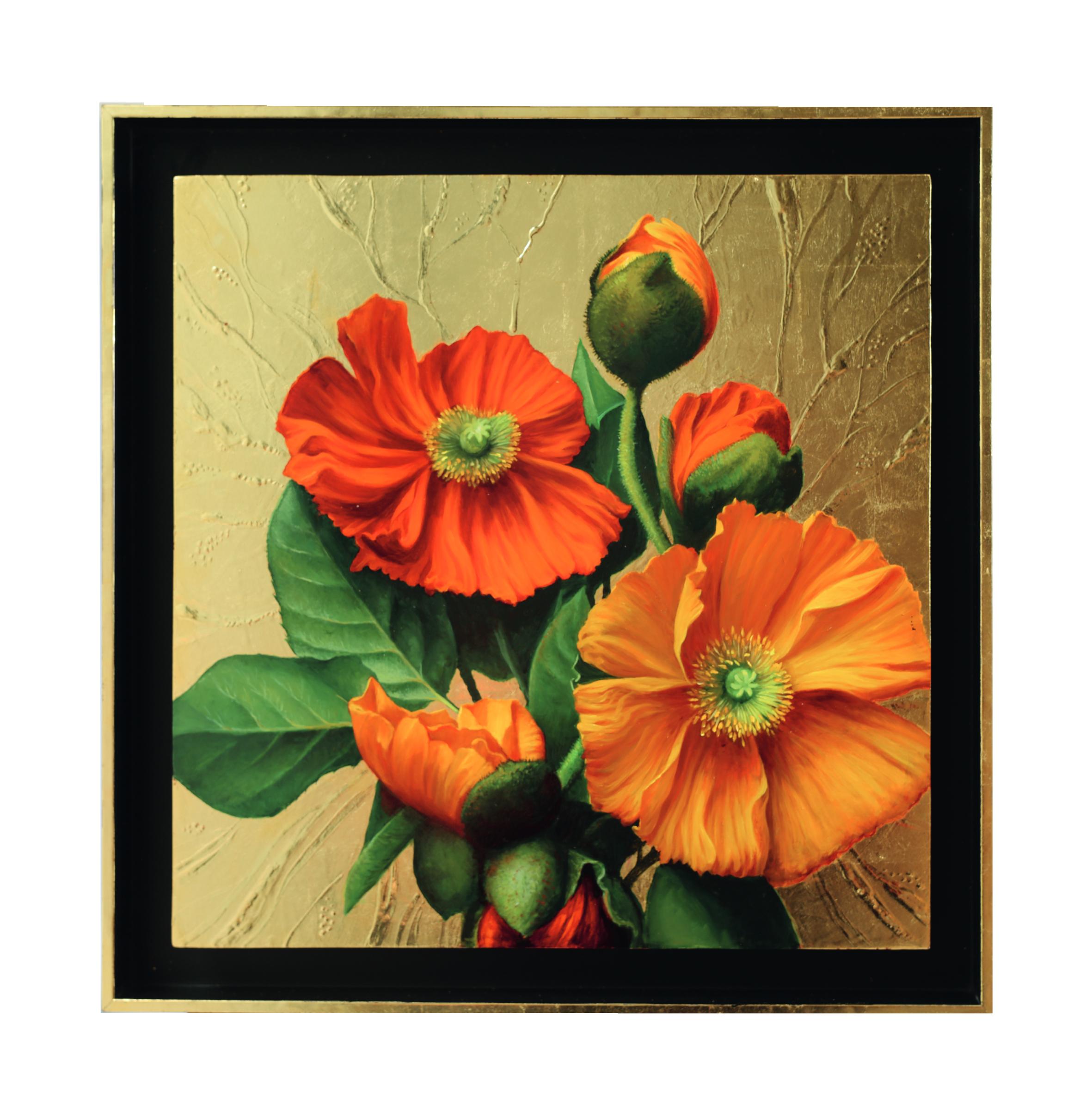 Pair of Pieter Wagemans Realist Floral Still Lifes with Gold Leaf For Sale 4