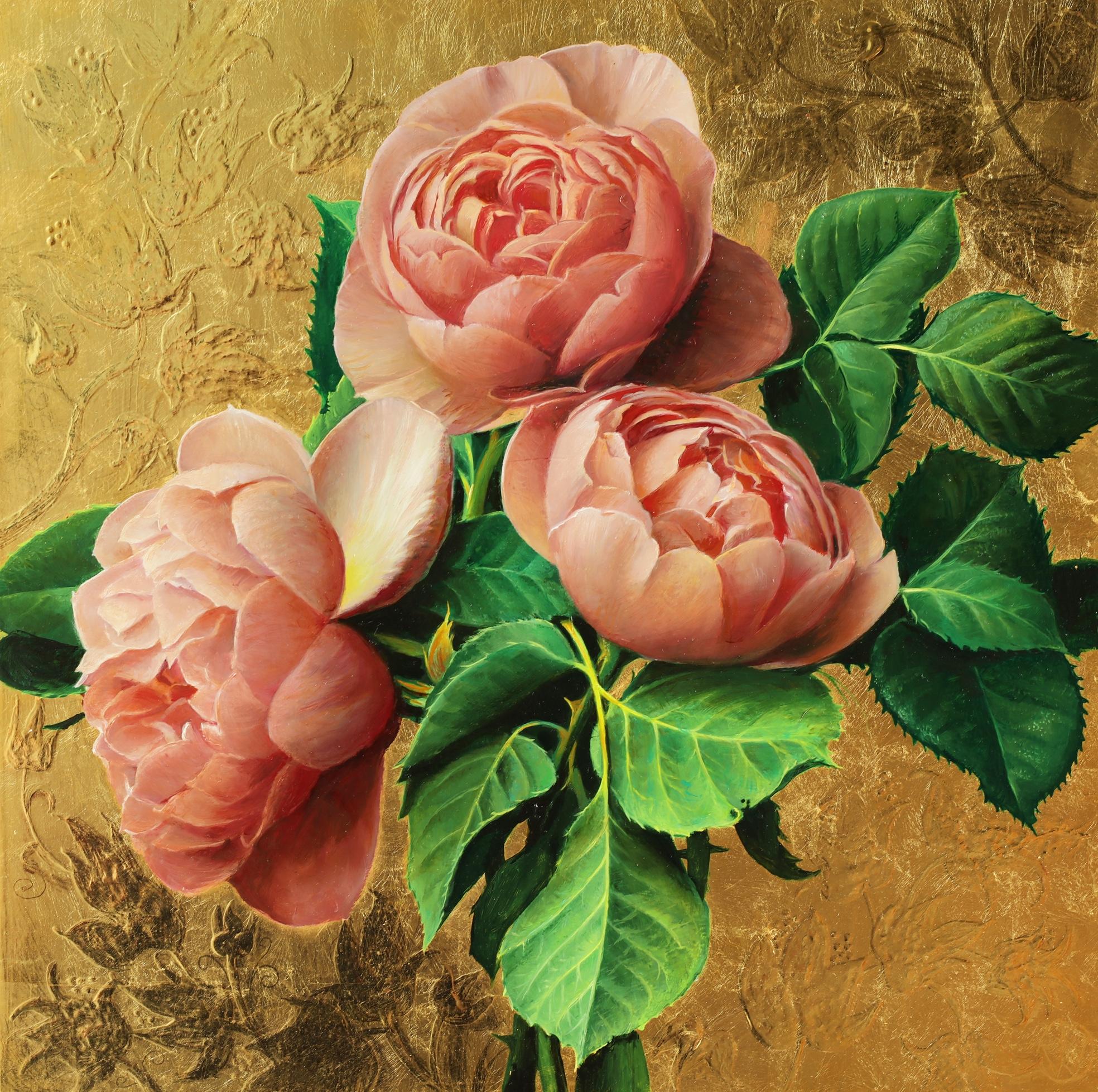 Pair of Pieter Wagemans Realist Floral Still Lifes with Gold Leaf For Sale 6