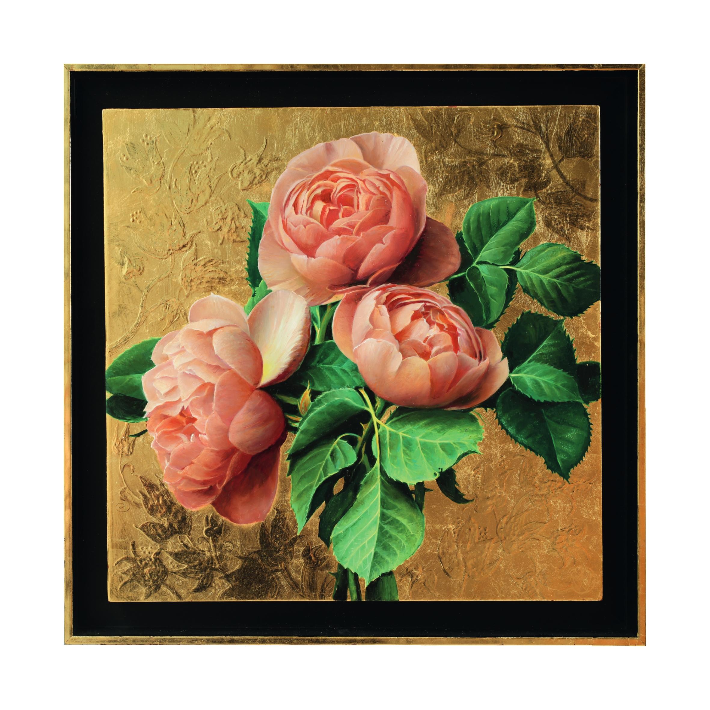 Pair of Pieter Wagemans Realist Floral Still Lifes with Gold Leaf For Sale 7