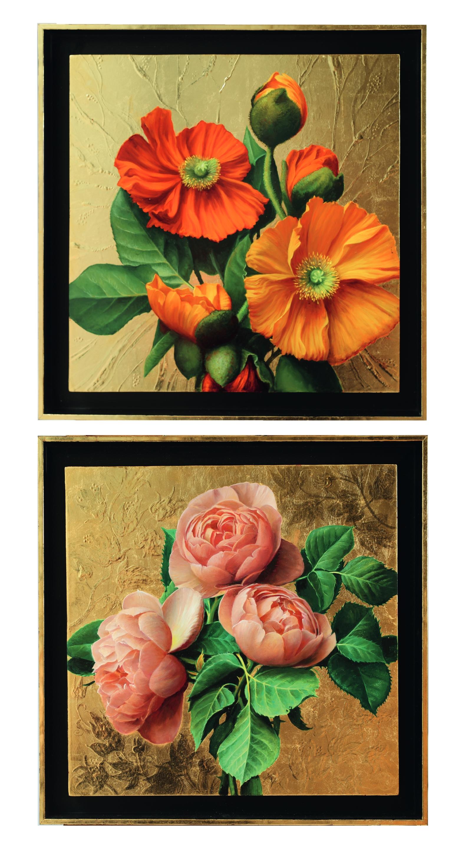 Pareja de bodegones florales realistas de Pieter Wagemans con pan de oro