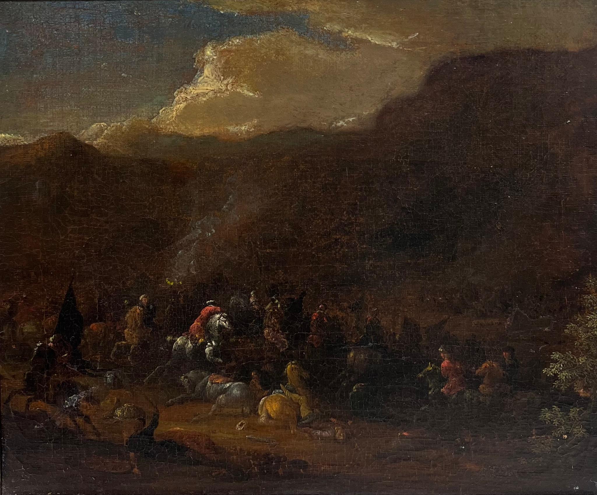 Fine 17th Century Flemish Oil Painting Cavalry Skirmish Many Figures & Horses (Schwarz), Landscape Painting, von Pieter Wouvermans