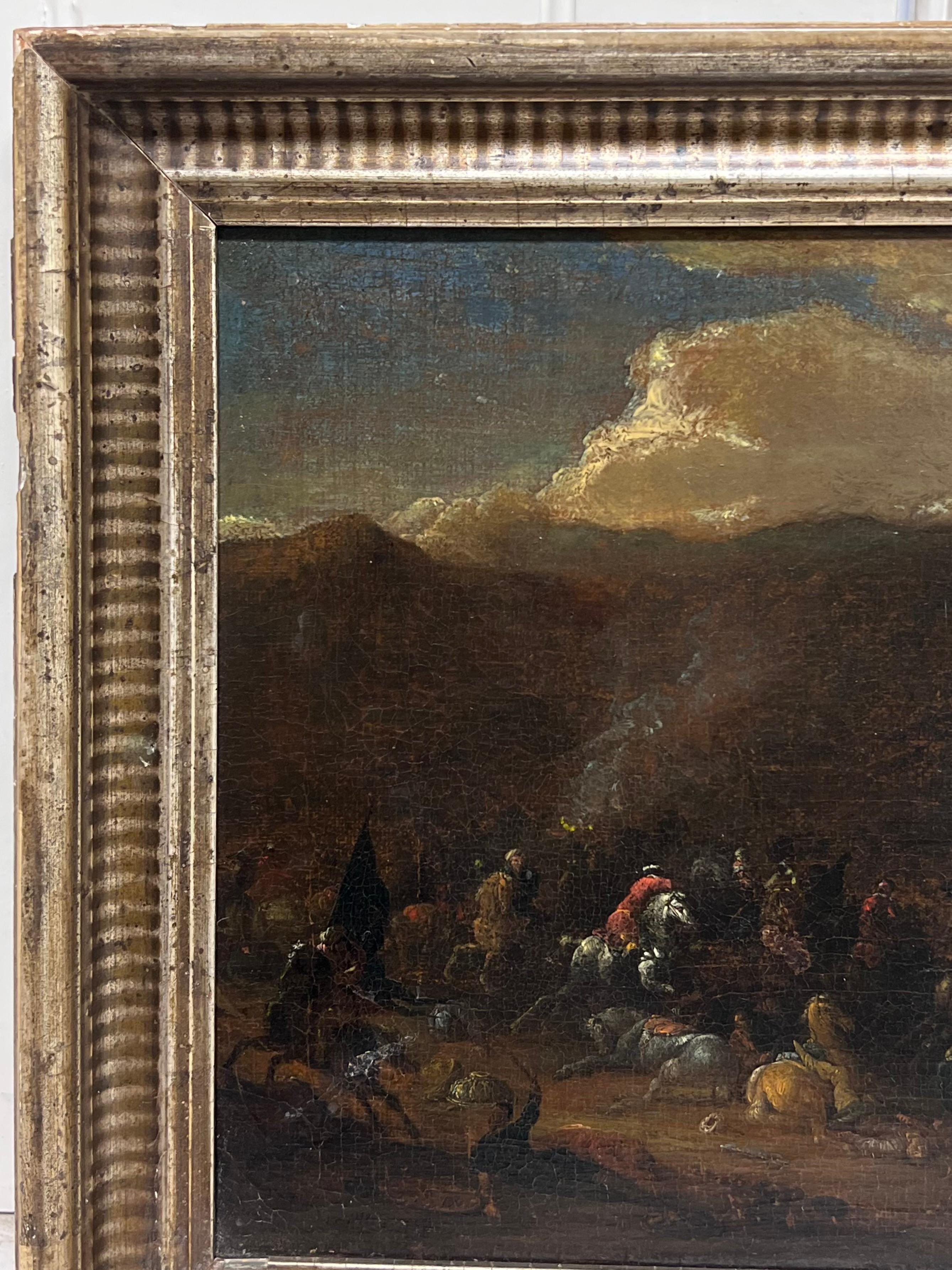 The Cavalry Skirmish
Flemish School, 17th century
circle of Pieter Wouvermans 
oil on canvas, framed
framed: 12 x 14 inches
canvas: 9.5 x 11.5 inches
Provenance: private collection
Condition: sound and good condition

For more any more information