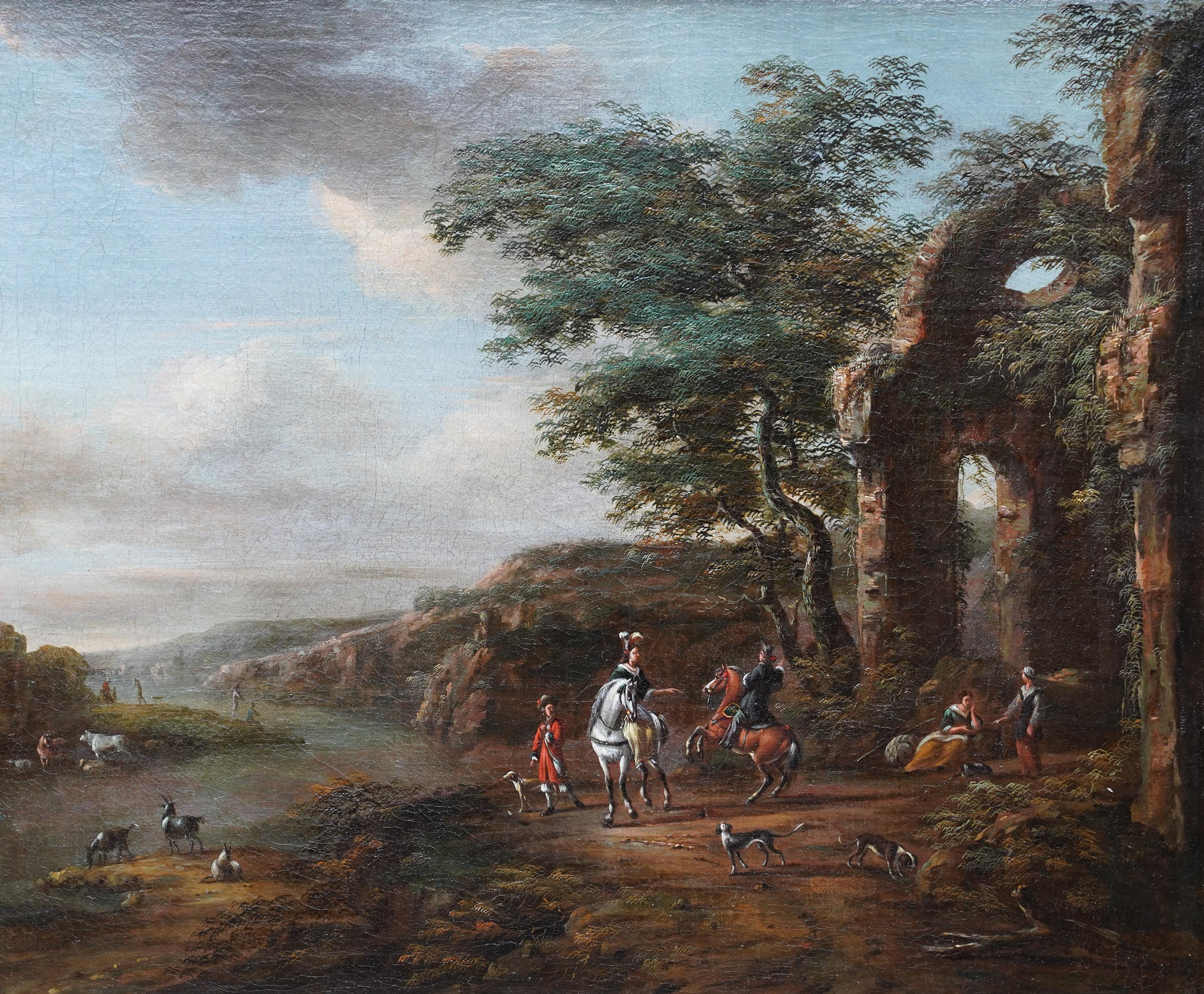 Travellers and Dogs in Landscape, Ruins on Right - Dutch Old Master oil painting - Painting by Pieter Wouwerman