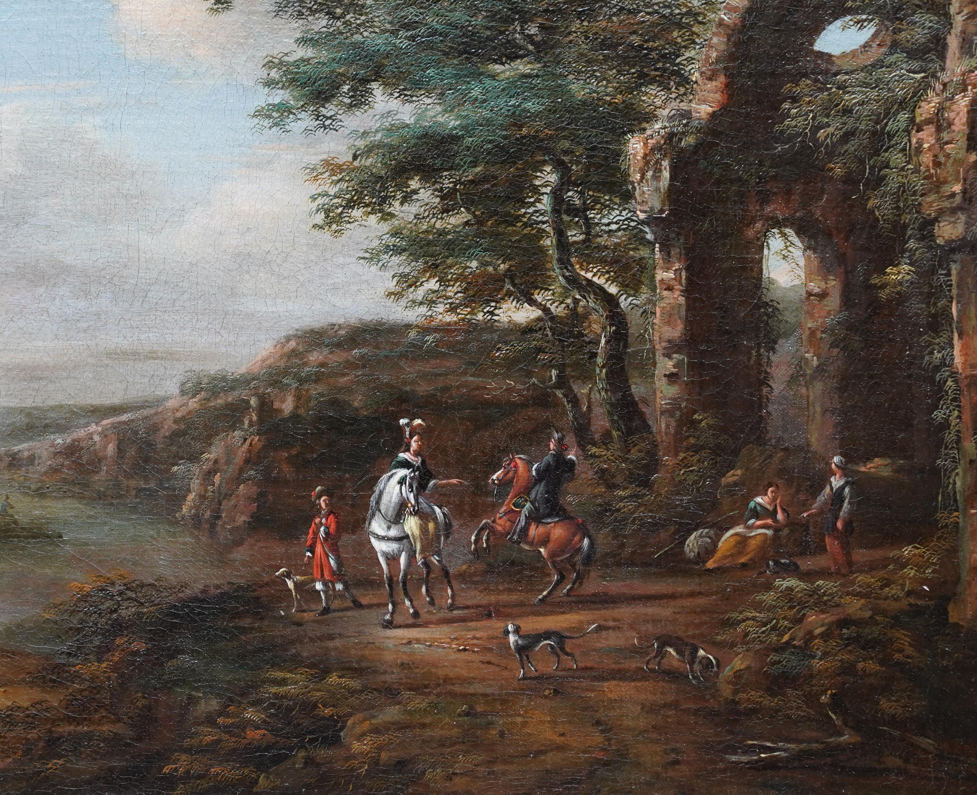 Reisende und Hunde in Landschaft, Ruinen auf der rechten Seite – Ölgemälde eines niederländischen Alten Meisters (Alte Meister), Painting, von Pieter Wouwerman