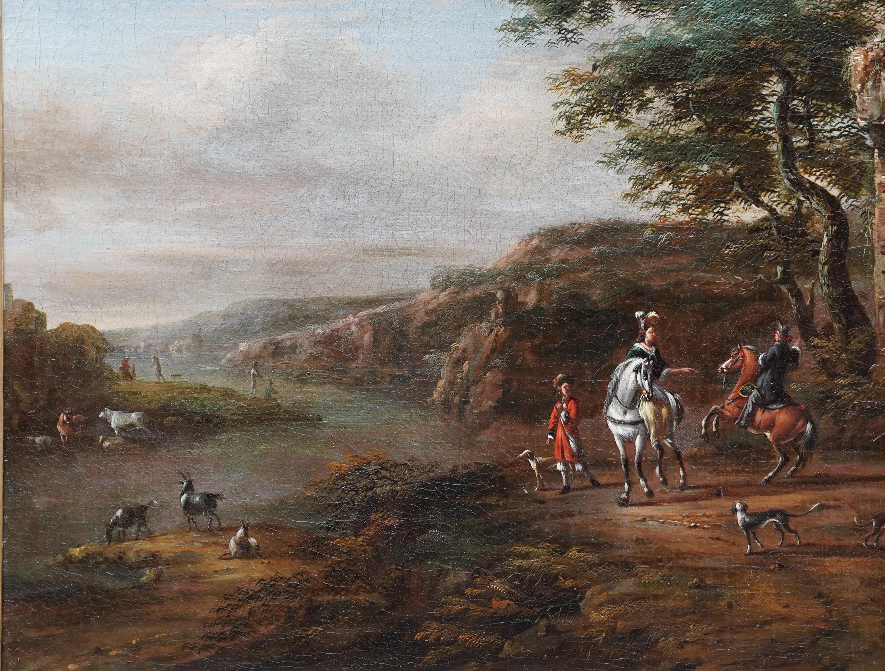 Dieses schöne niederländische Altmeister-Ölgemälde wird dem Künstler Pieter Wouwerman zugeschrieben. Um 1660 gemalt, handelt es sich um eine figurative Landschaft mit reitenden Reisenden und ihren Hunden im Vordergrund und Ruinen zu ihrer Rechten.